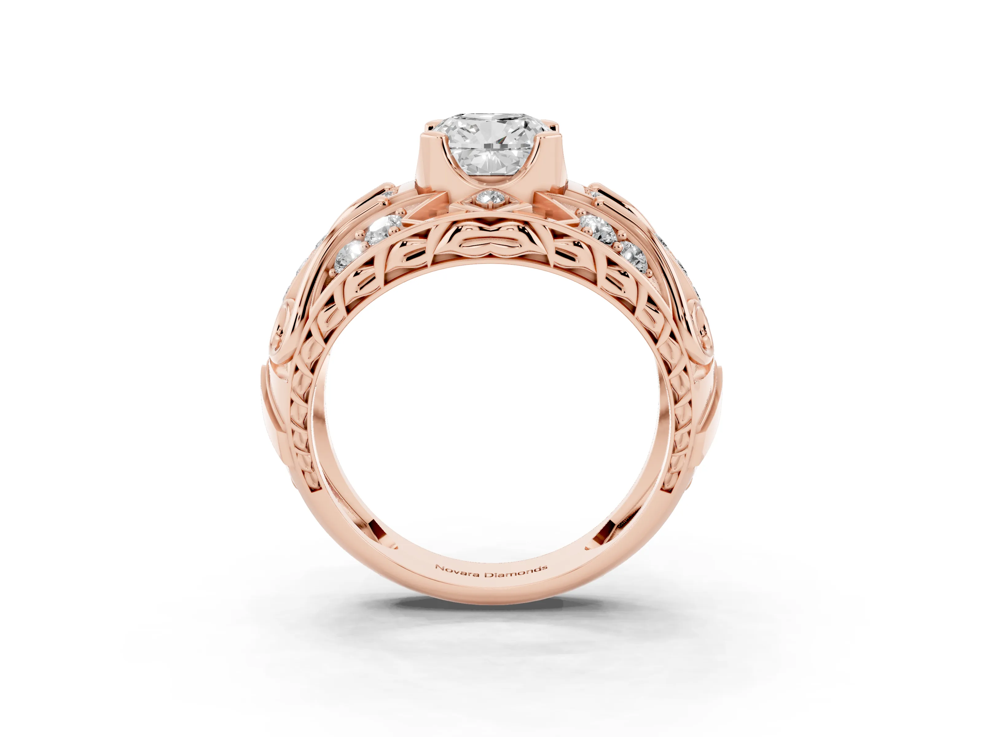 Cushion Cut Diamond Art Deco Ring Set in Rose gold with Pavé Split Shank