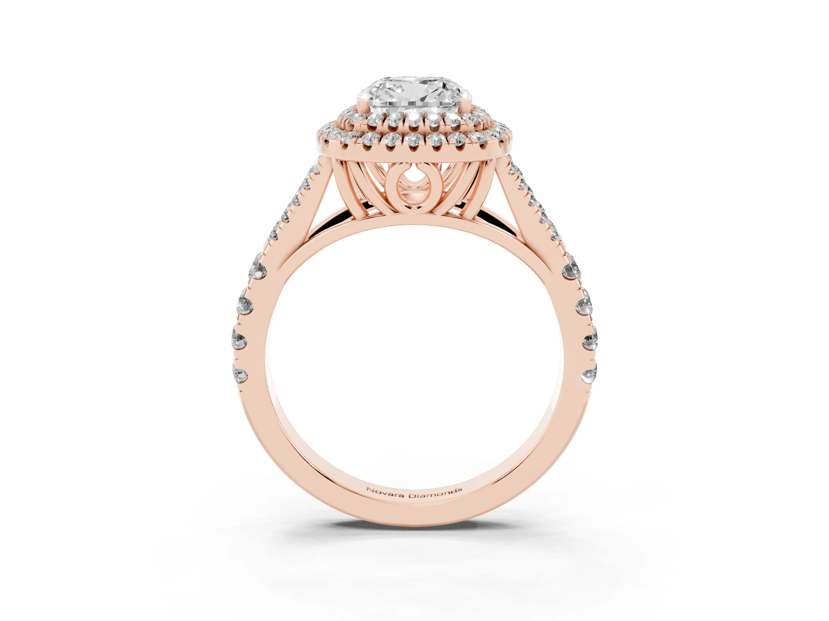 Cushion Cut Diamond Pavé Split Shank Double Halo Engagement Ring Set in Rose gold