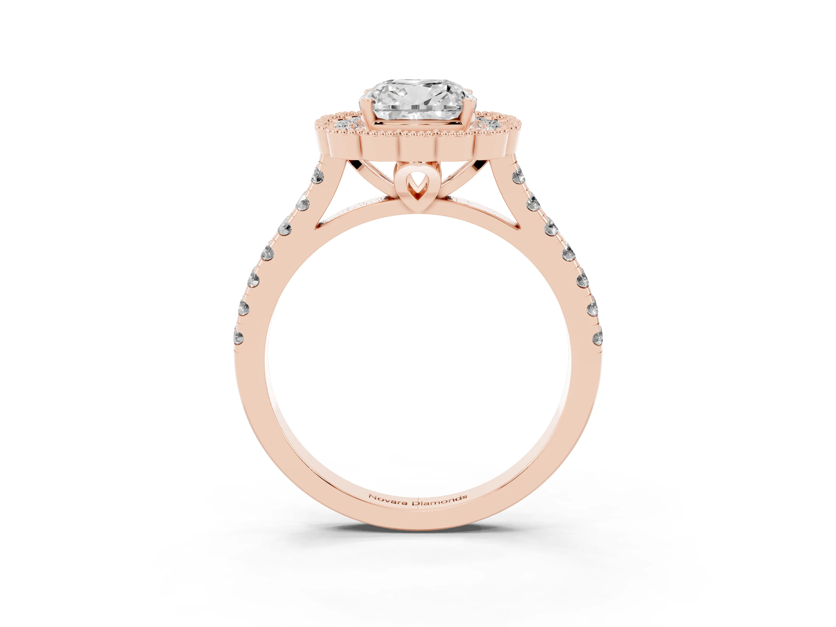 Cushion Cut Diamond Milgrain Floral Halo Engagement Ring Set in Rose gold with Pavé Band