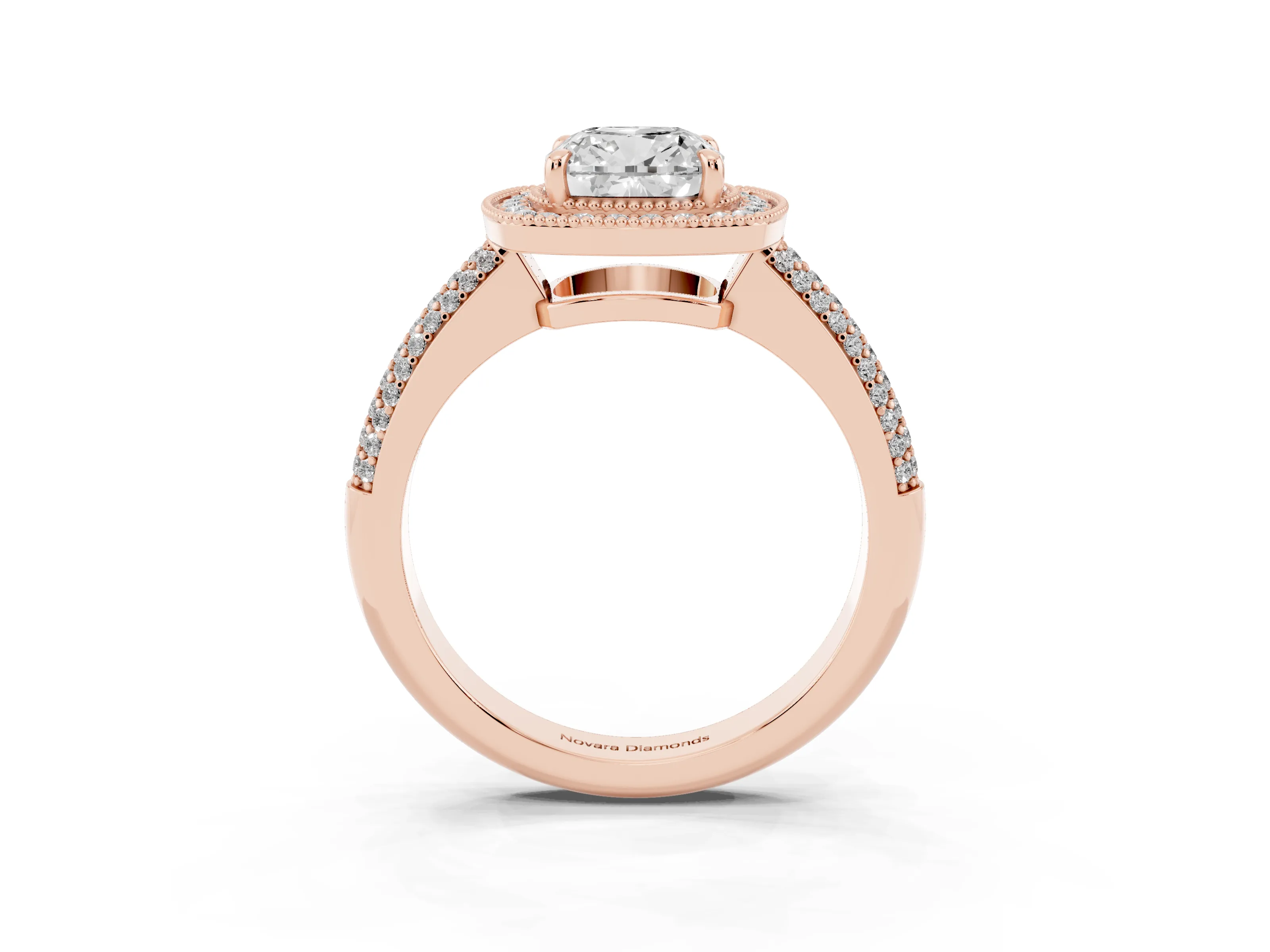 Cushion Cut Diamond Halo Pavé Band Set in Rose gold with Prong Setting