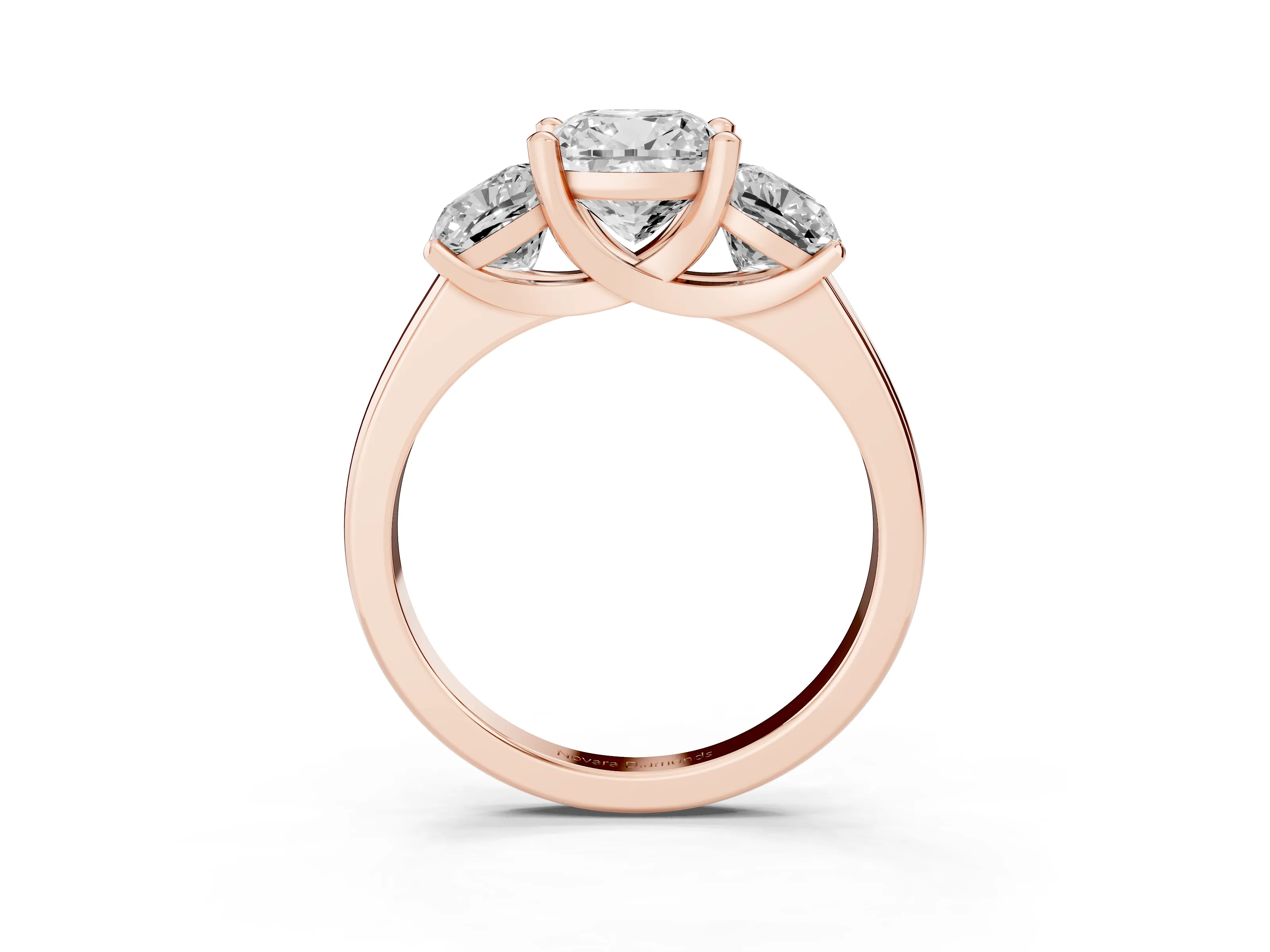 Cushion Cut Diamond Three-Stone Ring Set in Rose gold with Classic Prong Setting and Plain Band
