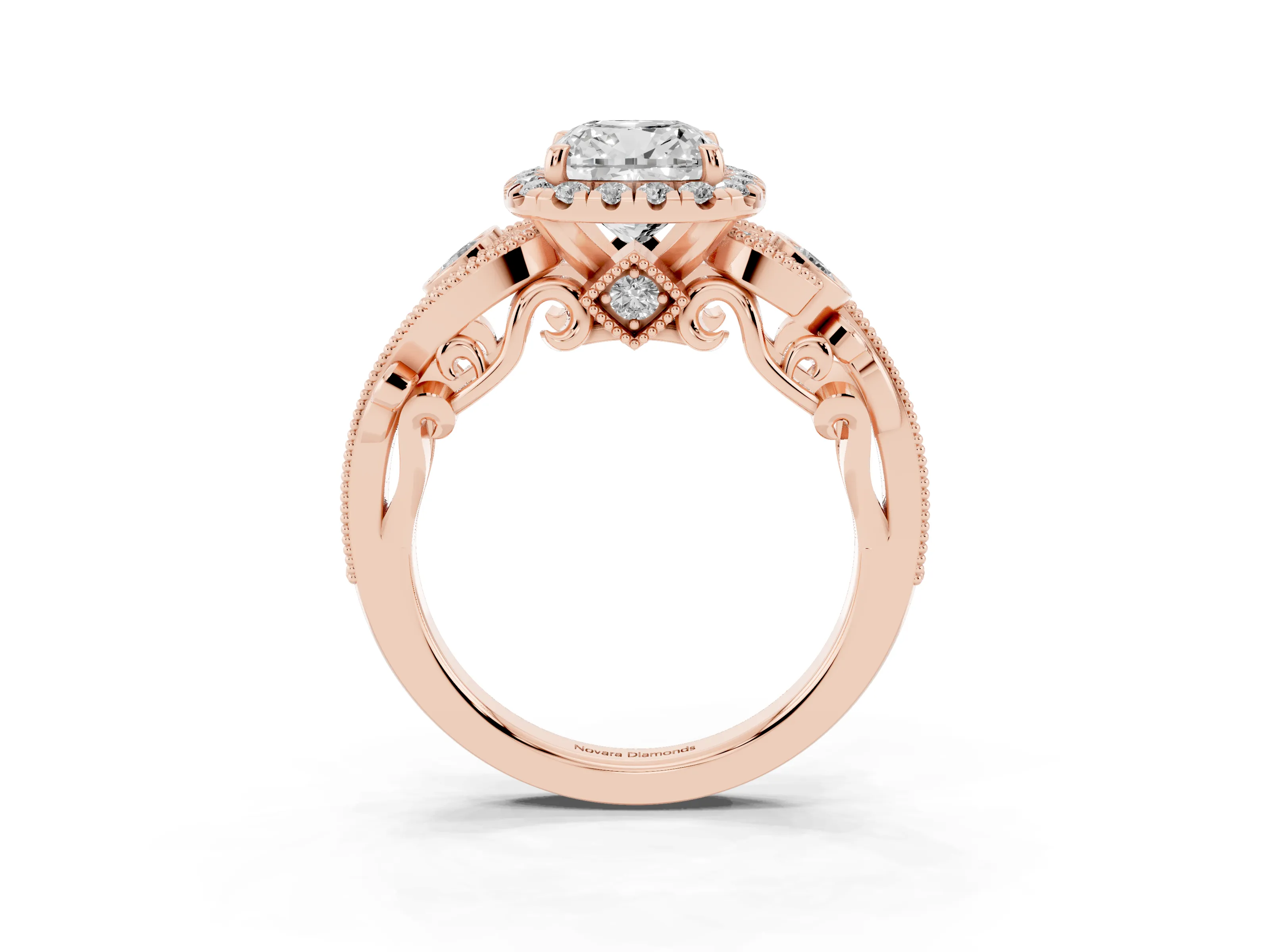 Cushion Cut Diamond Halo Ring Set in Rose gold with Milgrain Pavé Band and Prong Setting
