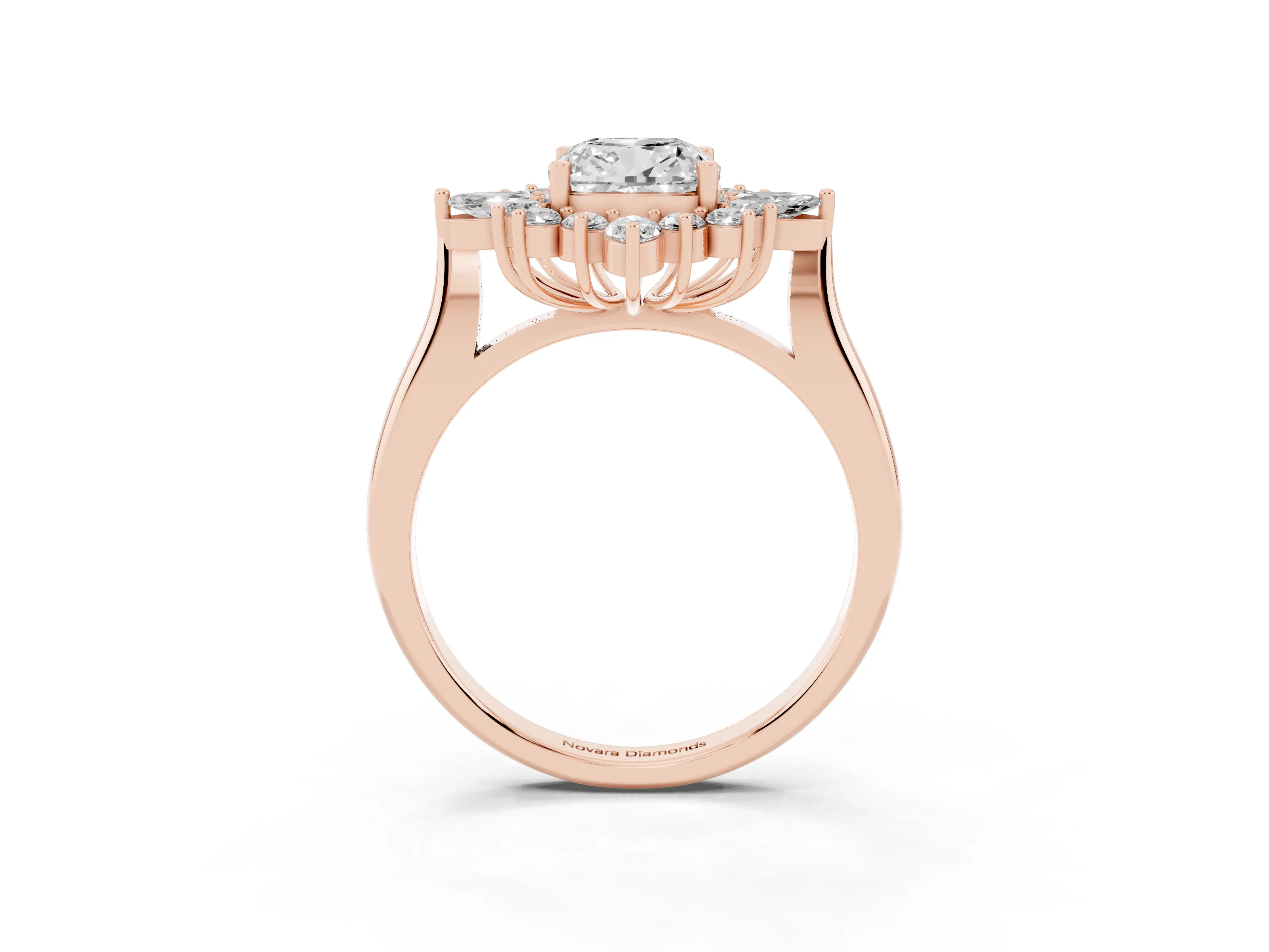 Cushion Cut Diamond Cluster Halo Ring Set in Rose gold with Marquise and Round Accents