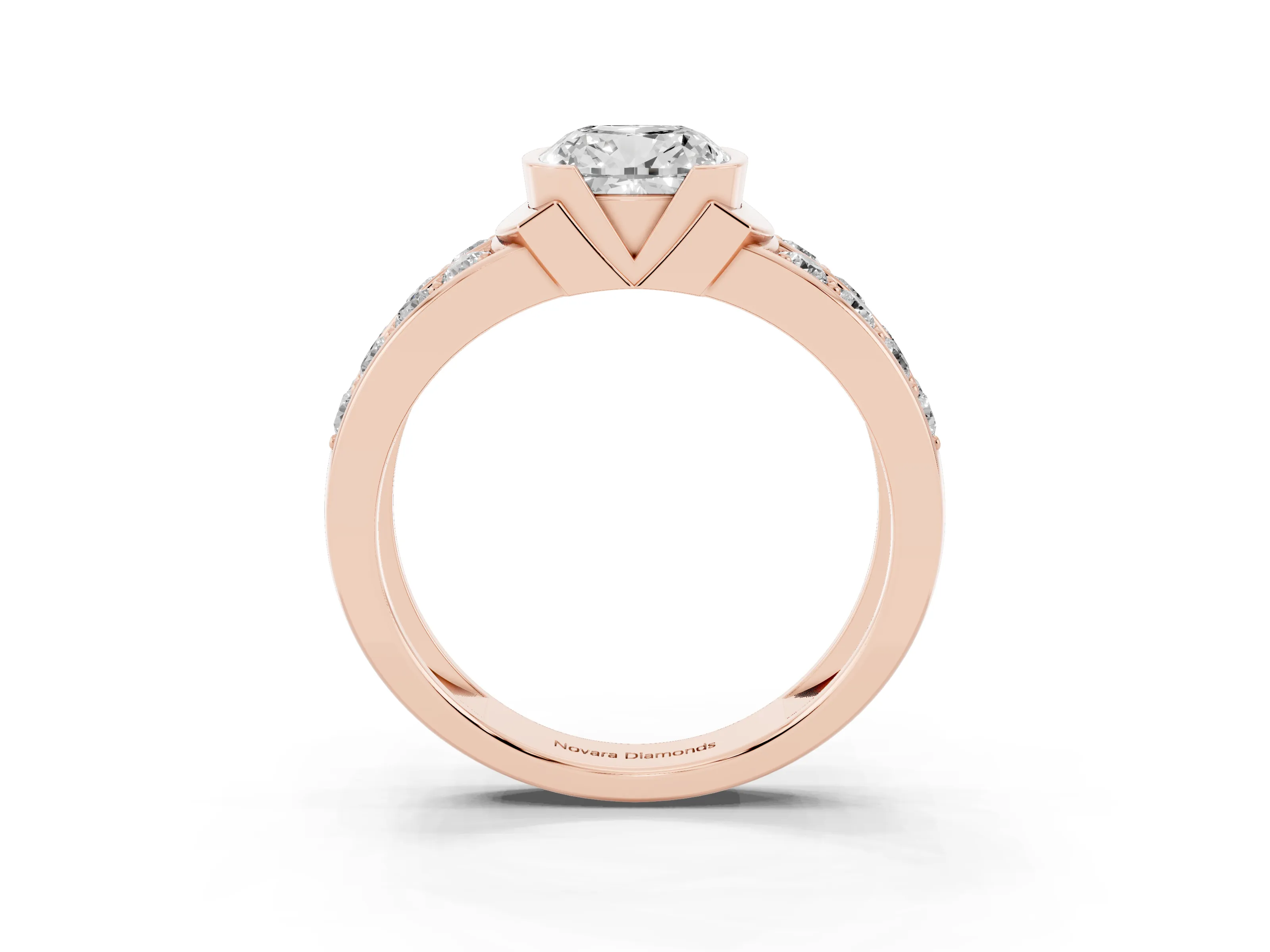 Cushion Cut Diamond Wide Channel Set Band Ring Set in Rose gold with Bezel Setting
