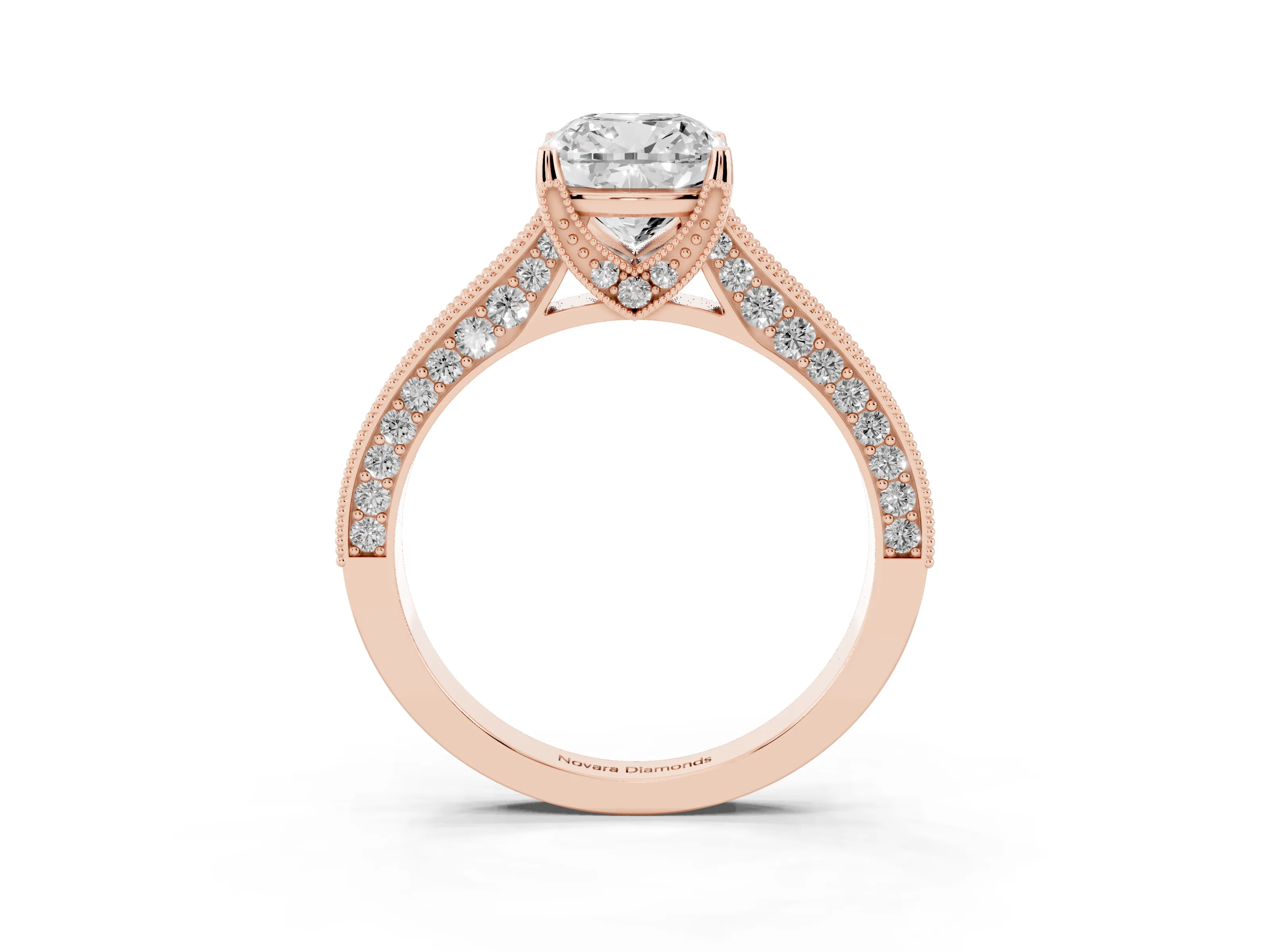 Cushion Cut Diamond Solitaire Ring Set in Rose gold with Milgrain-Edged Pavé Band and Prong Setting