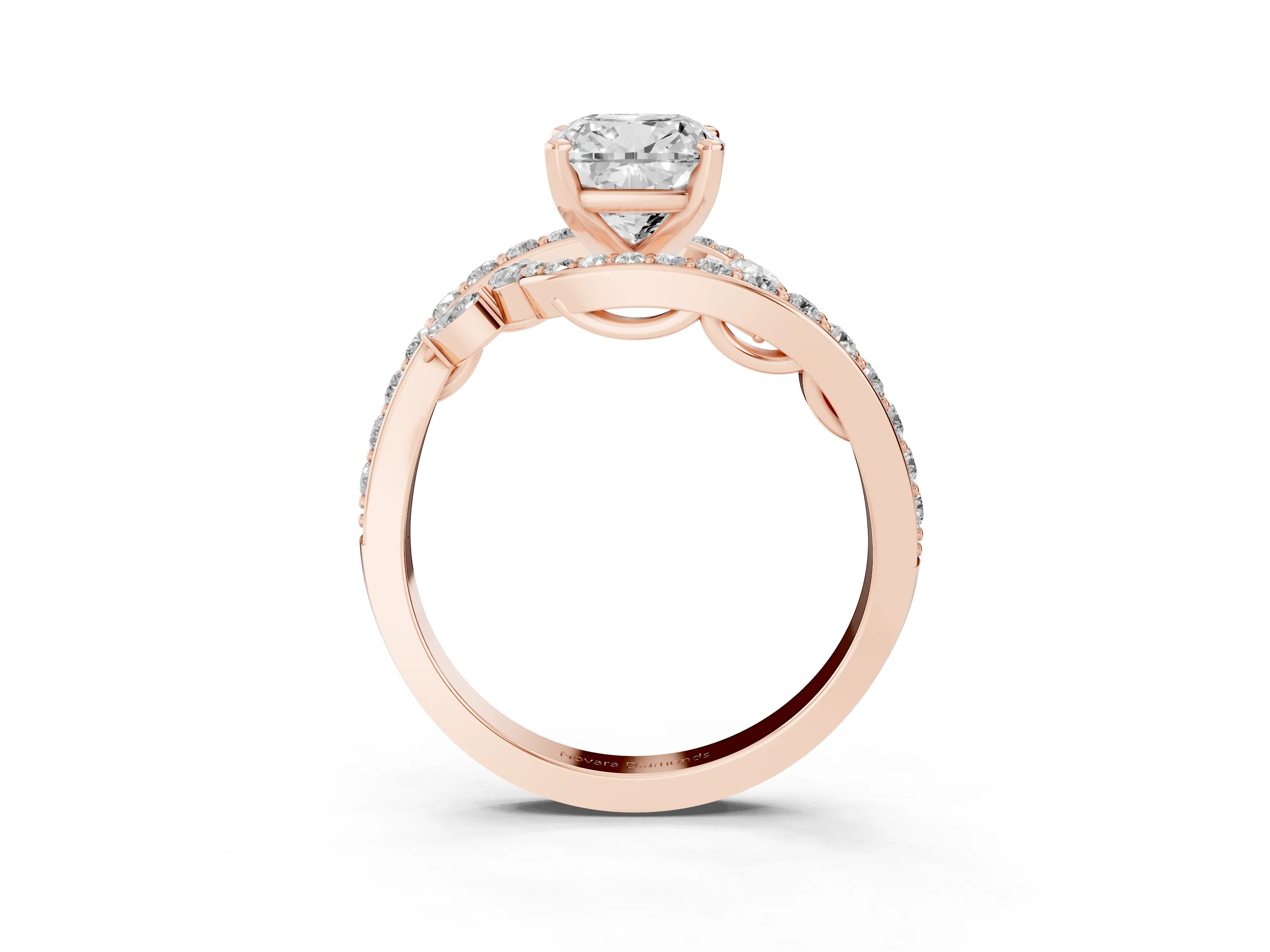Cushion Cut Diamond Solitaire Ring Set in Rose gold with Pavé Twist Band and Secure Prong Setting