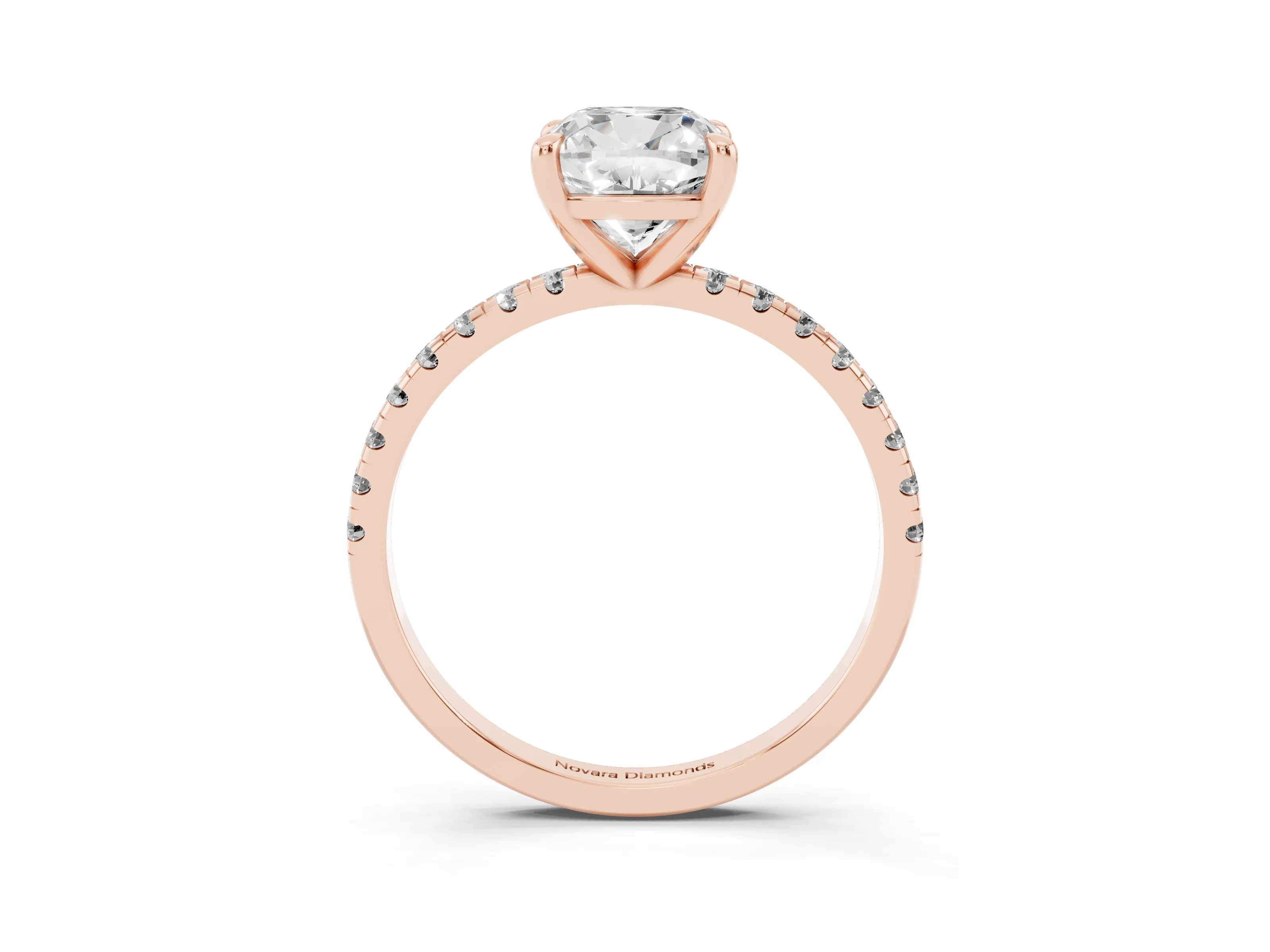 Cushion Cut Diamond Brilliant Solitaire Ring Set in Rose gold with Pavé Band and Prong Setting