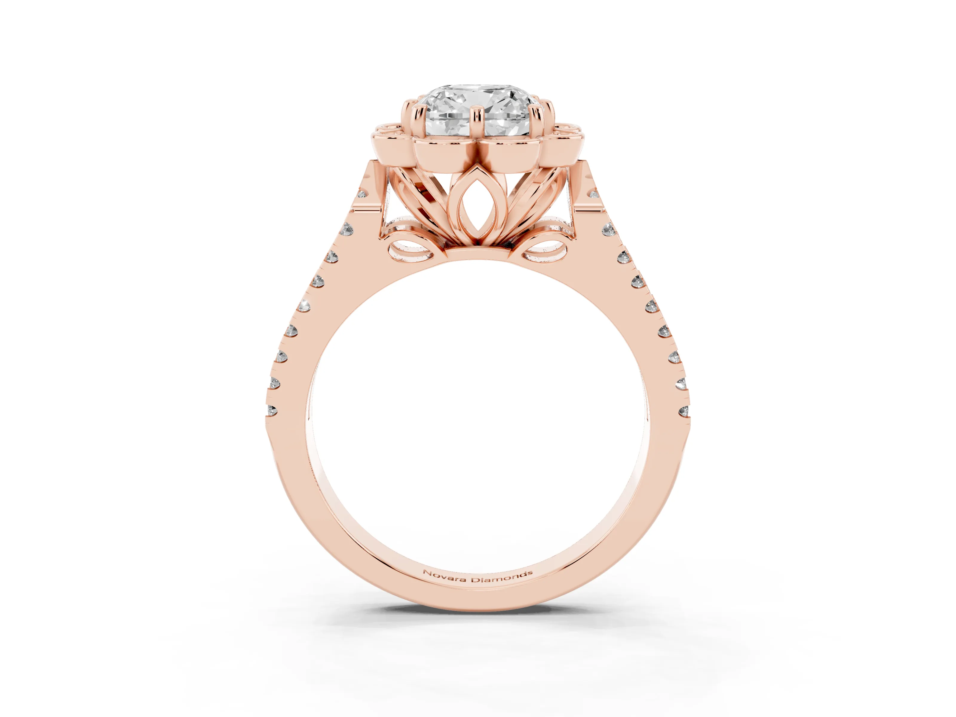Cushion Cut Diamond Floral Halo Split Shank Engagement Ring Set in Rose gold with Pavé Shank