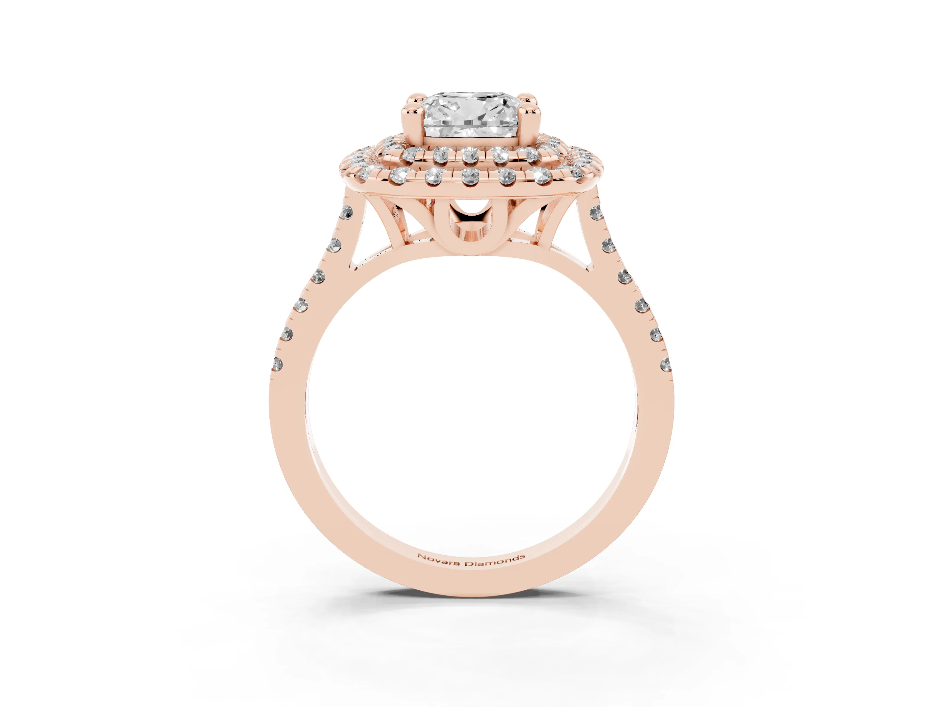 Cushion Cut Diamond Double Halo Statement Ring Set in Rose gold with Pavé Band