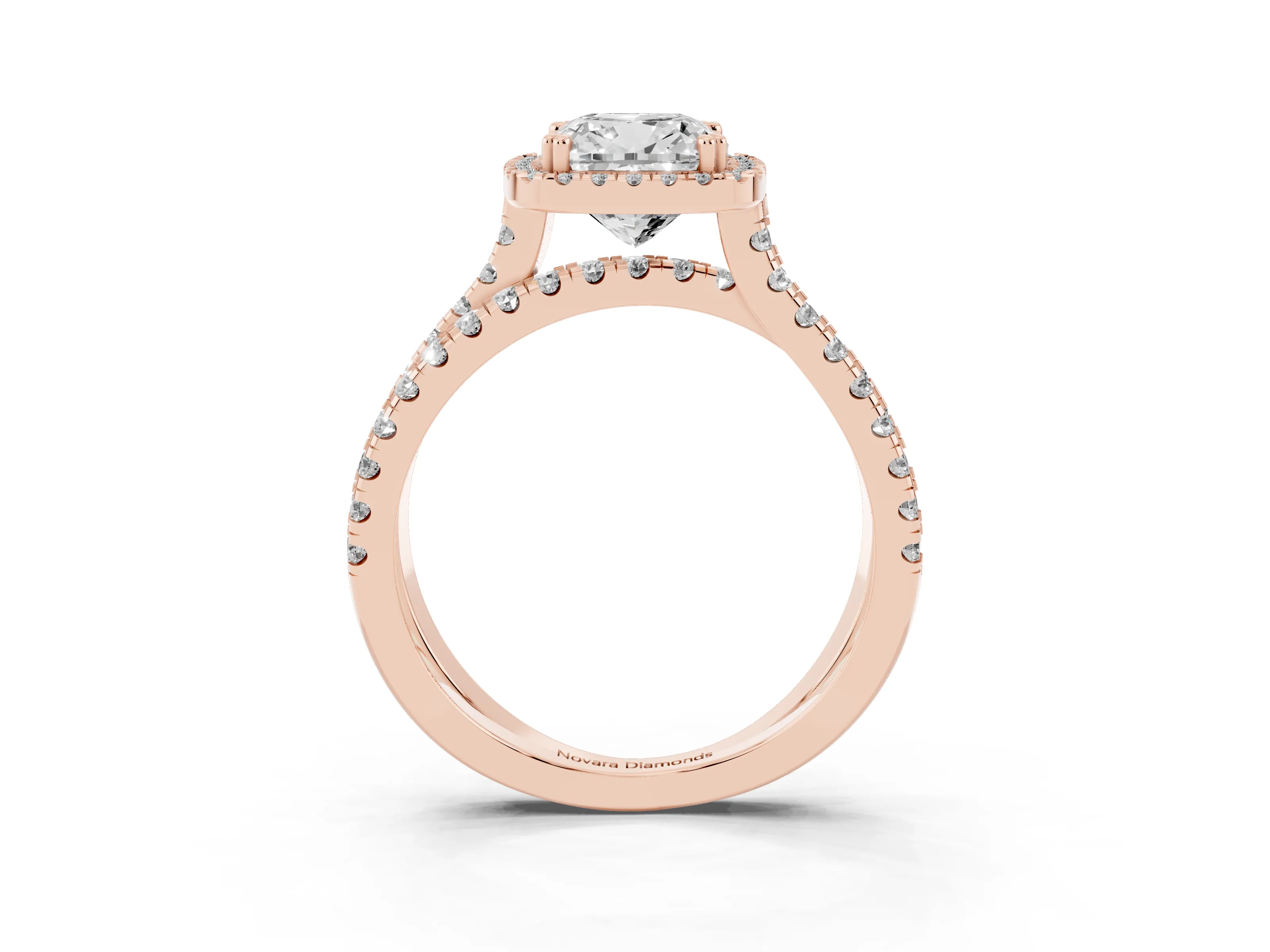 Cushion Cut Diamond Halo Split Shank Ring Set in Rose gold with Pavé Setting