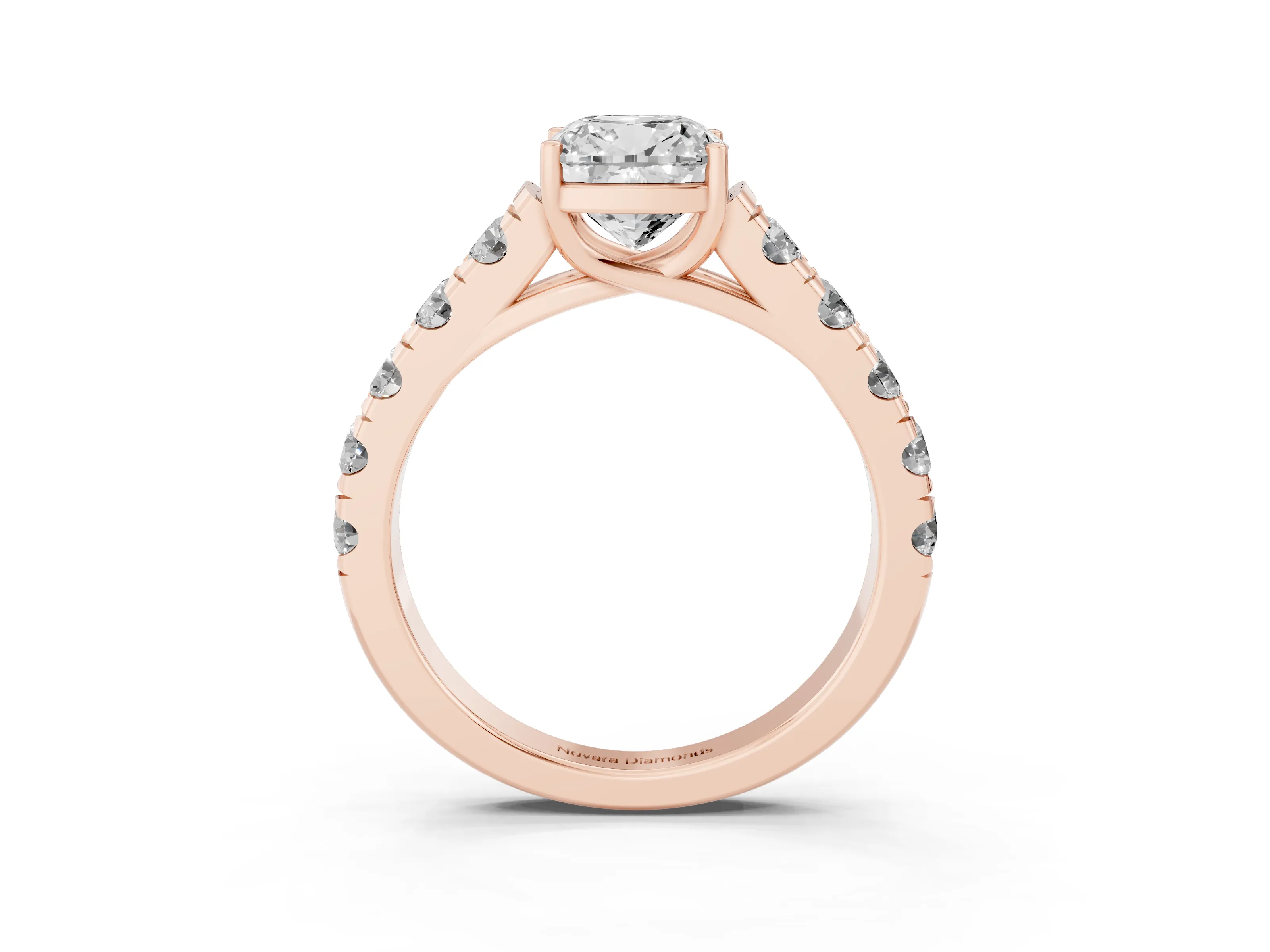 Cushion Cut Diamond Solitaire Ring Set in Rose gold with Cut-Down Micro Pavé Band and Prong Setting