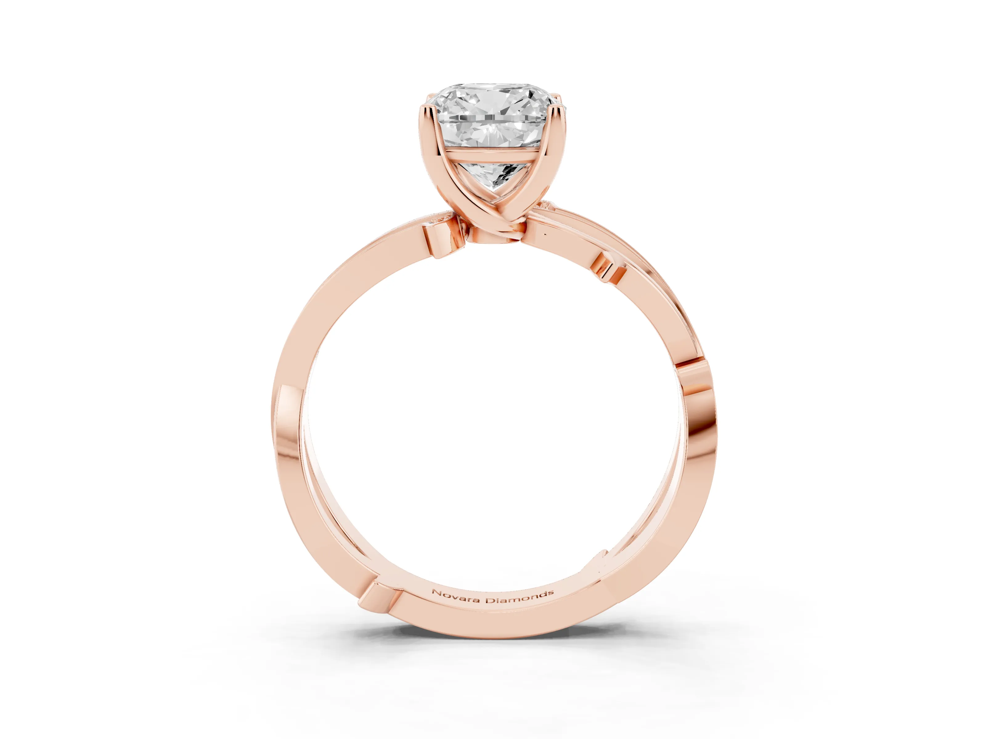 Cushion Cut Diamond Pavé Twist Band Solitaire Ring Set in Rose gold with Prong Setting