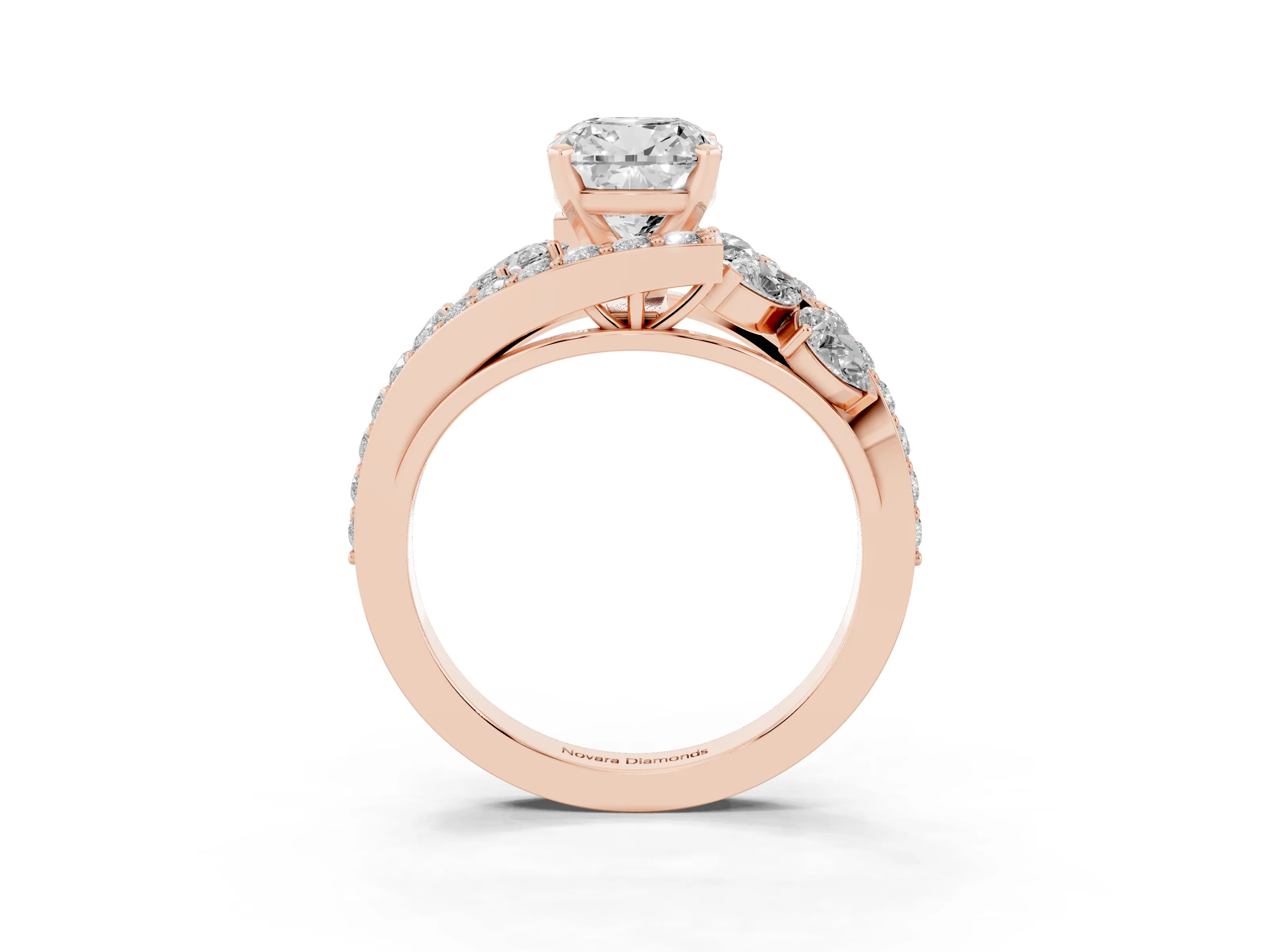 Cushion Cut Diamond Halo Ring Set in Rose gold with Marquise and Pavé Band in Prong Setting