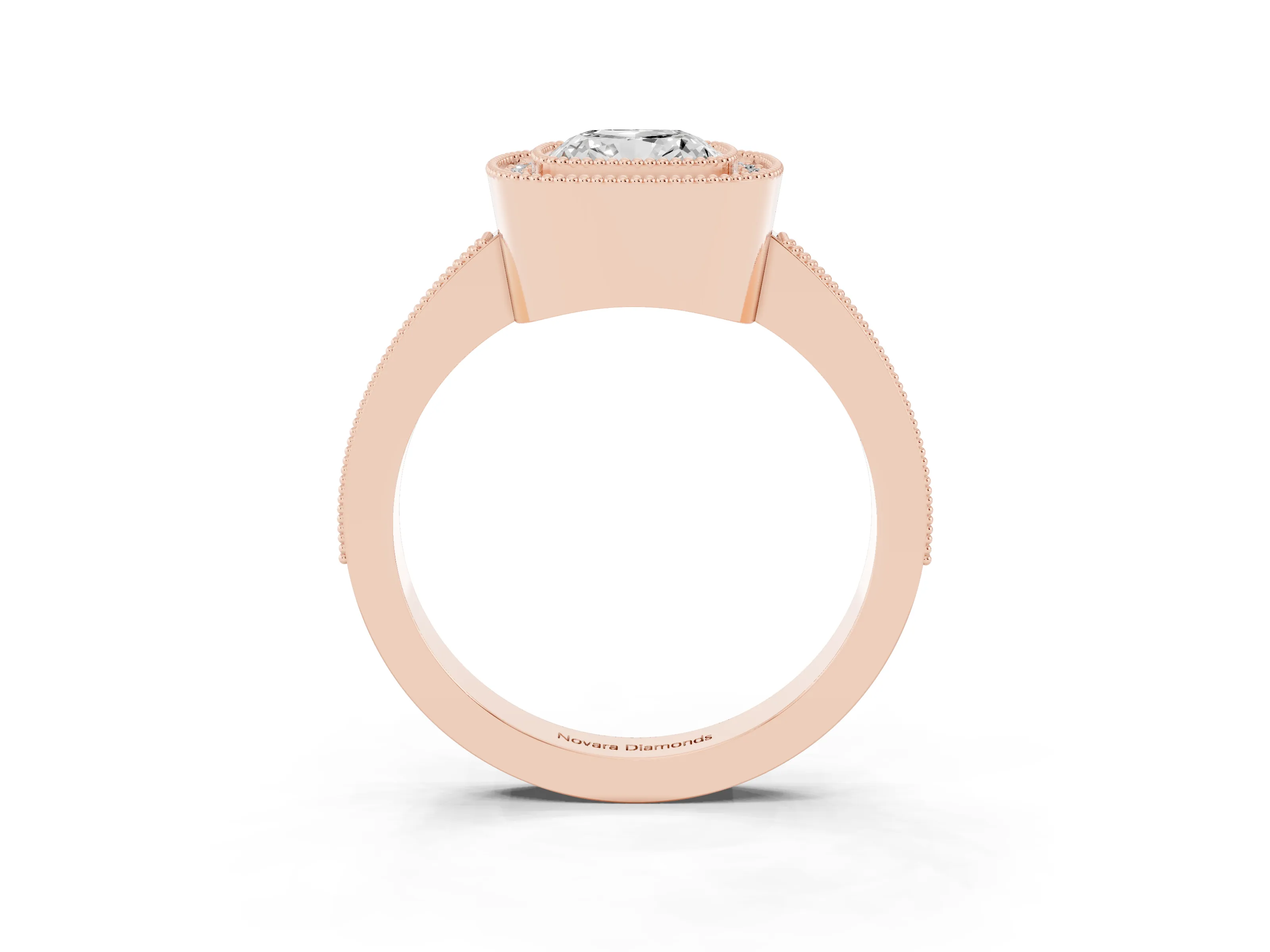 Cushion Cut Diamond Halo Engagement Ring Set in Rose gold with Pavé Band and Round Halo Stones