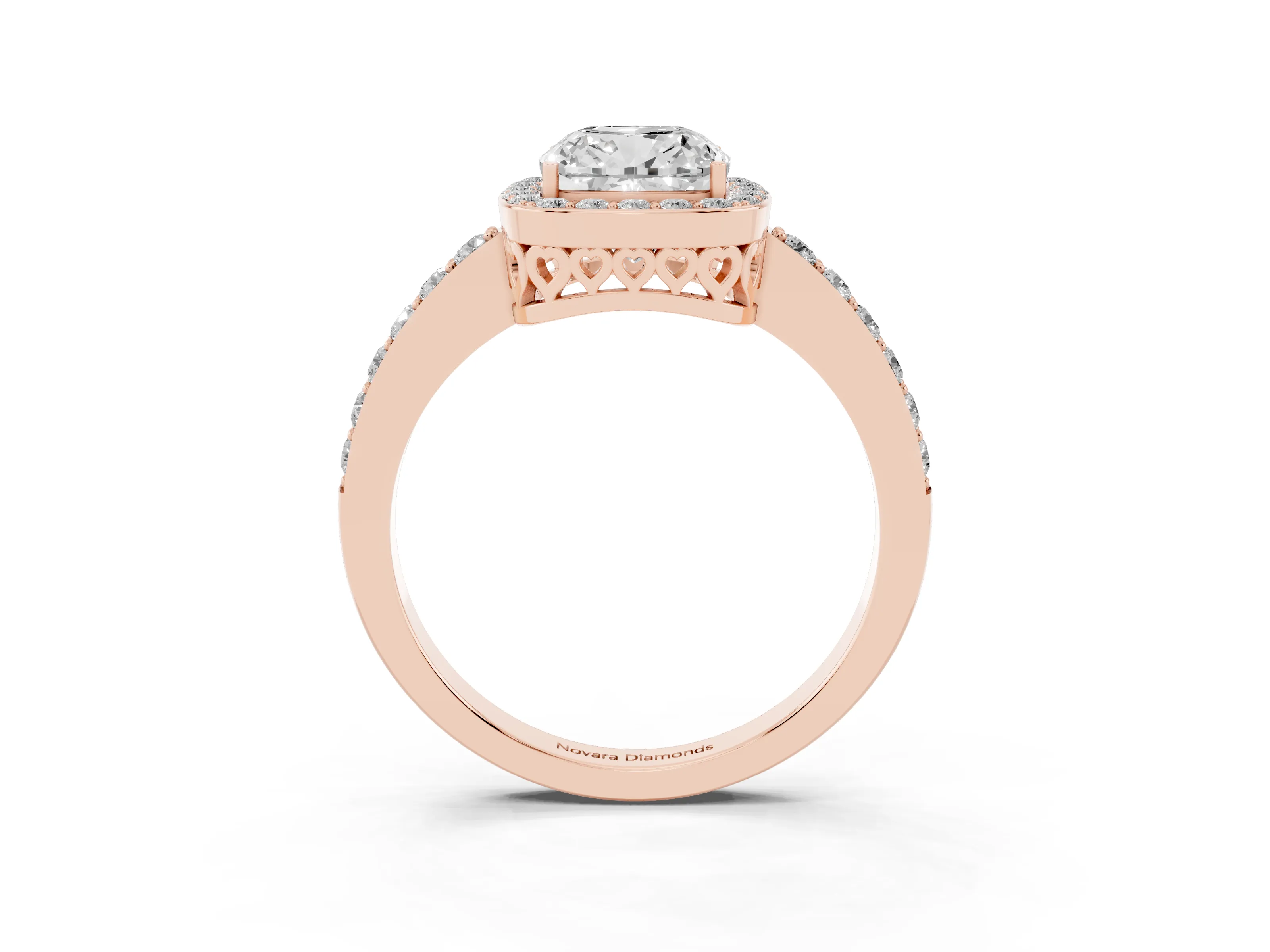 Cushion Cut Diamond Halo Ring Set in Rose gold with Pavé-Setting Band and Open Prong Center