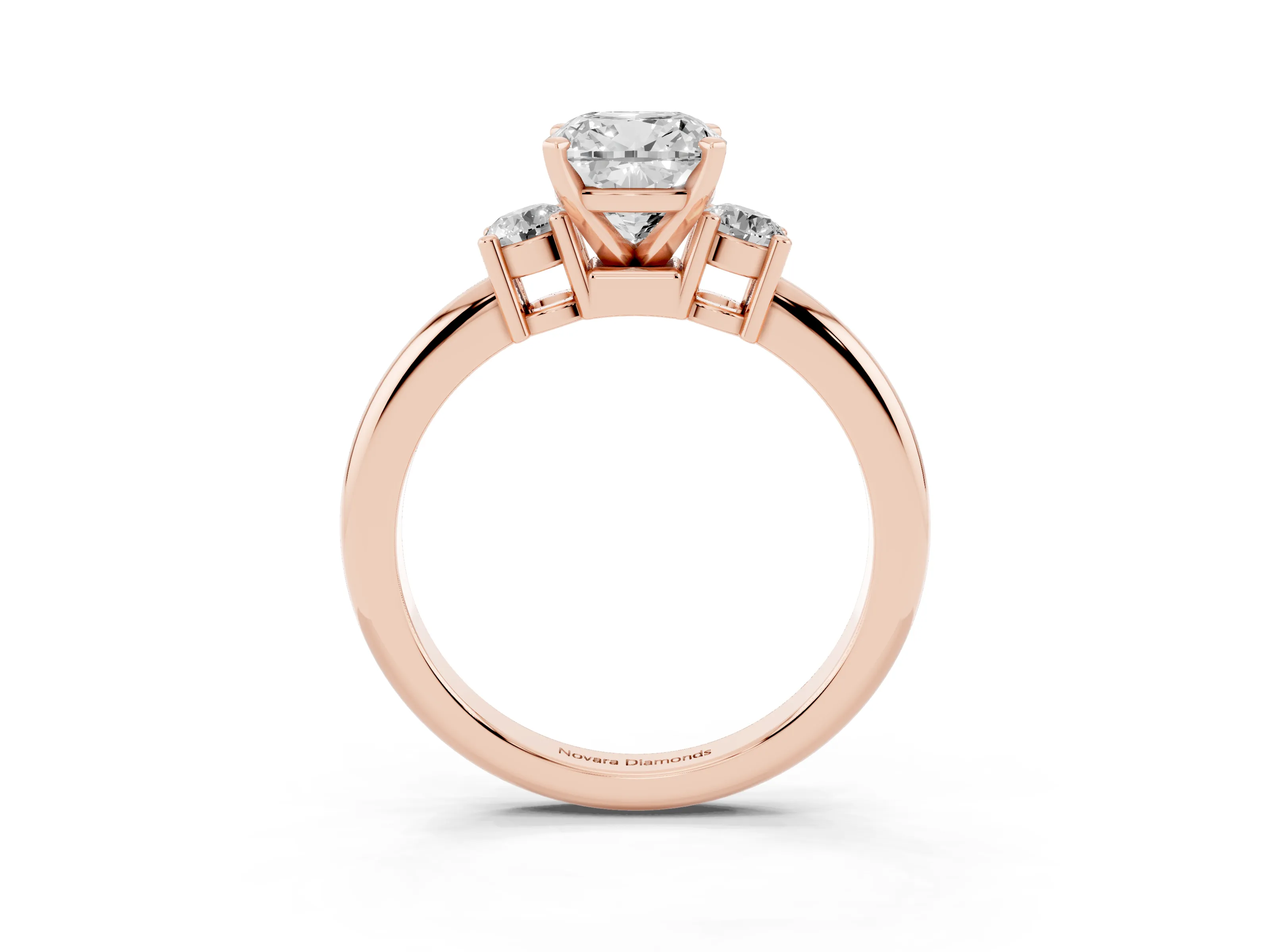Three-Stone Cushion Cut Diamond Ring Set in Rose gold with Prong Setting and Plain Band