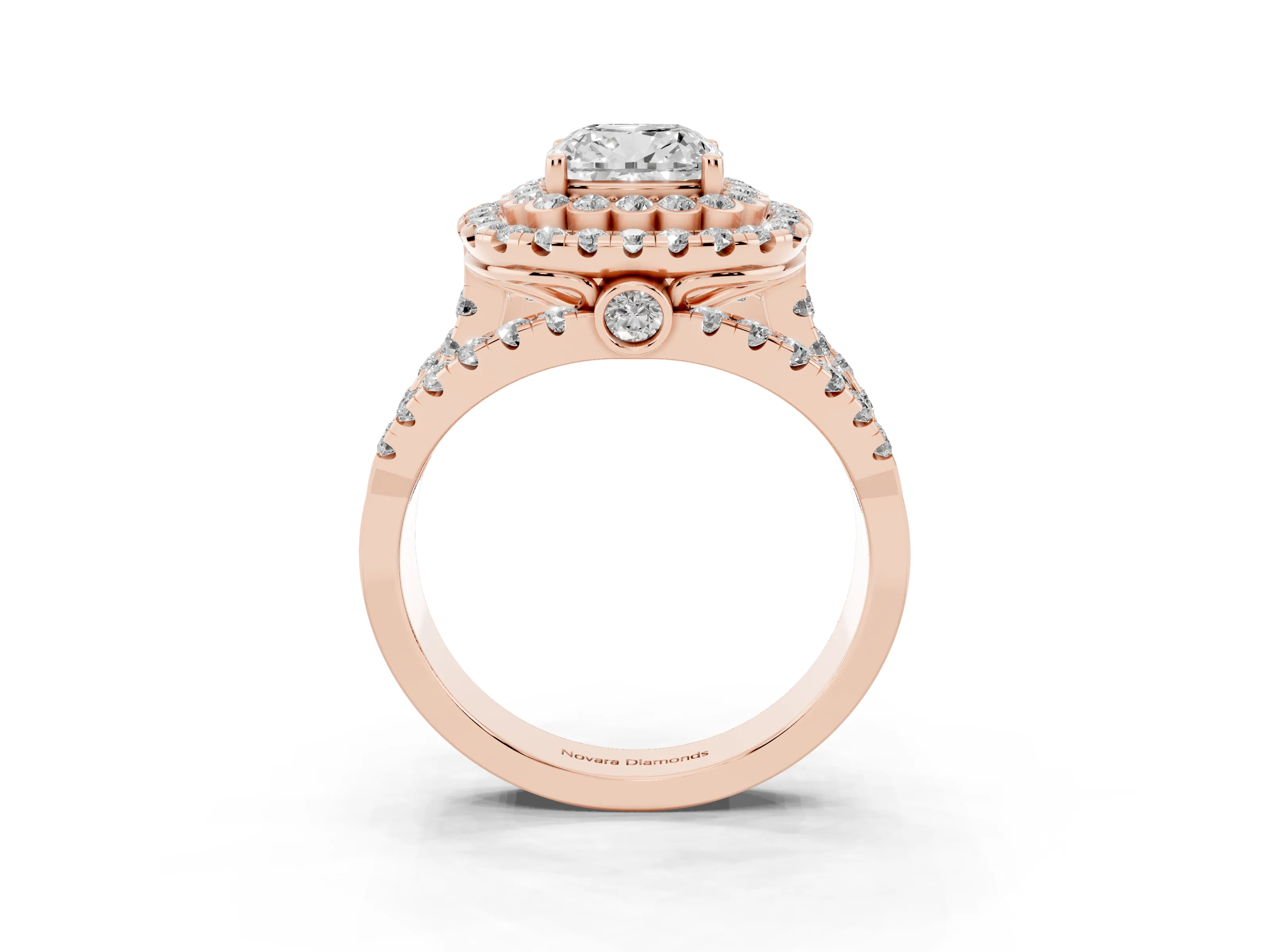 Cushion Cut Diamond Double Halo Ring Set in Rose gold with Round Pavé Split Shank