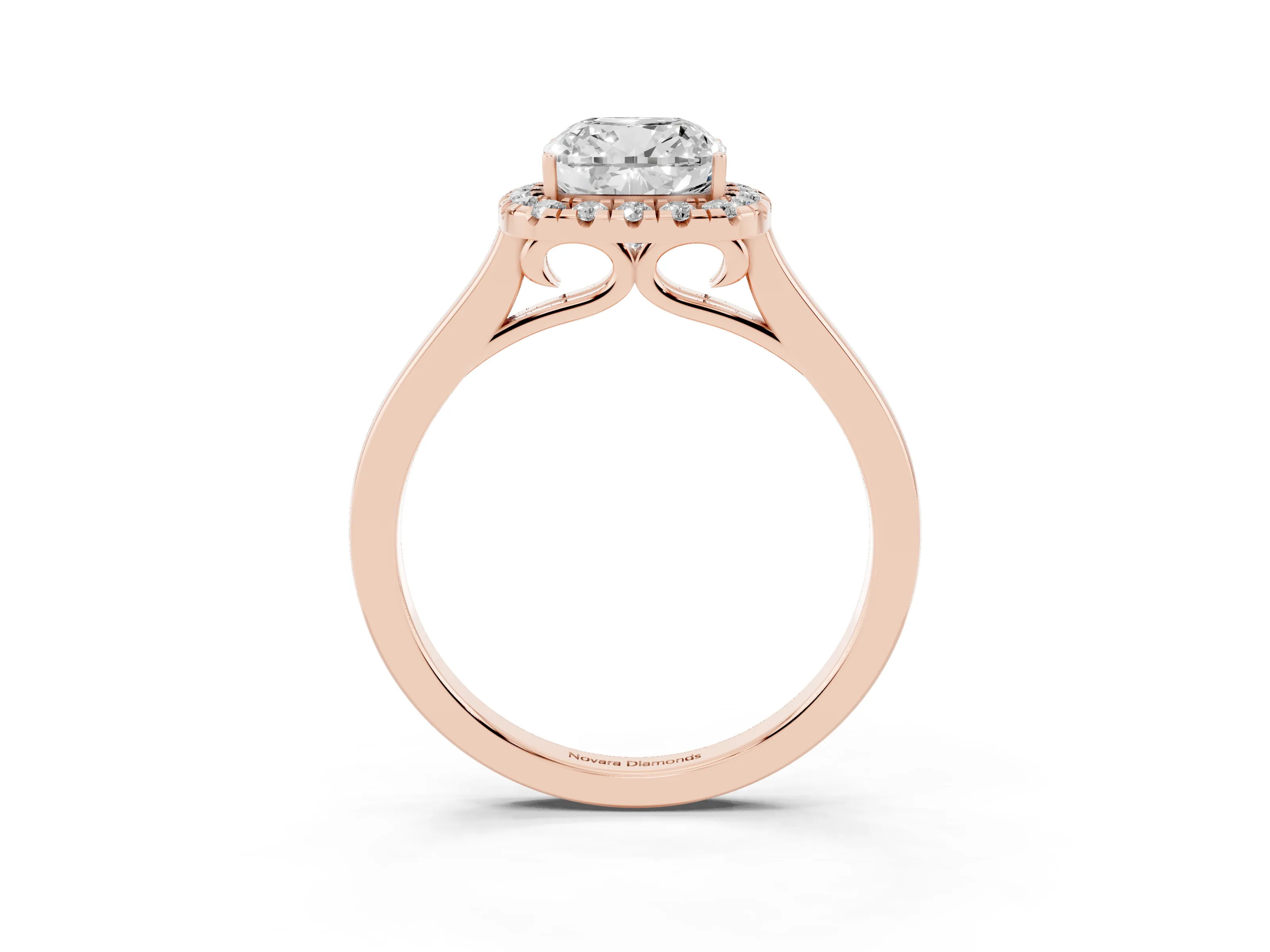 Cushion Cut Halo Round Diamond Solitaire Ring Set in Rose gold with Pavé Band and Prong Setting