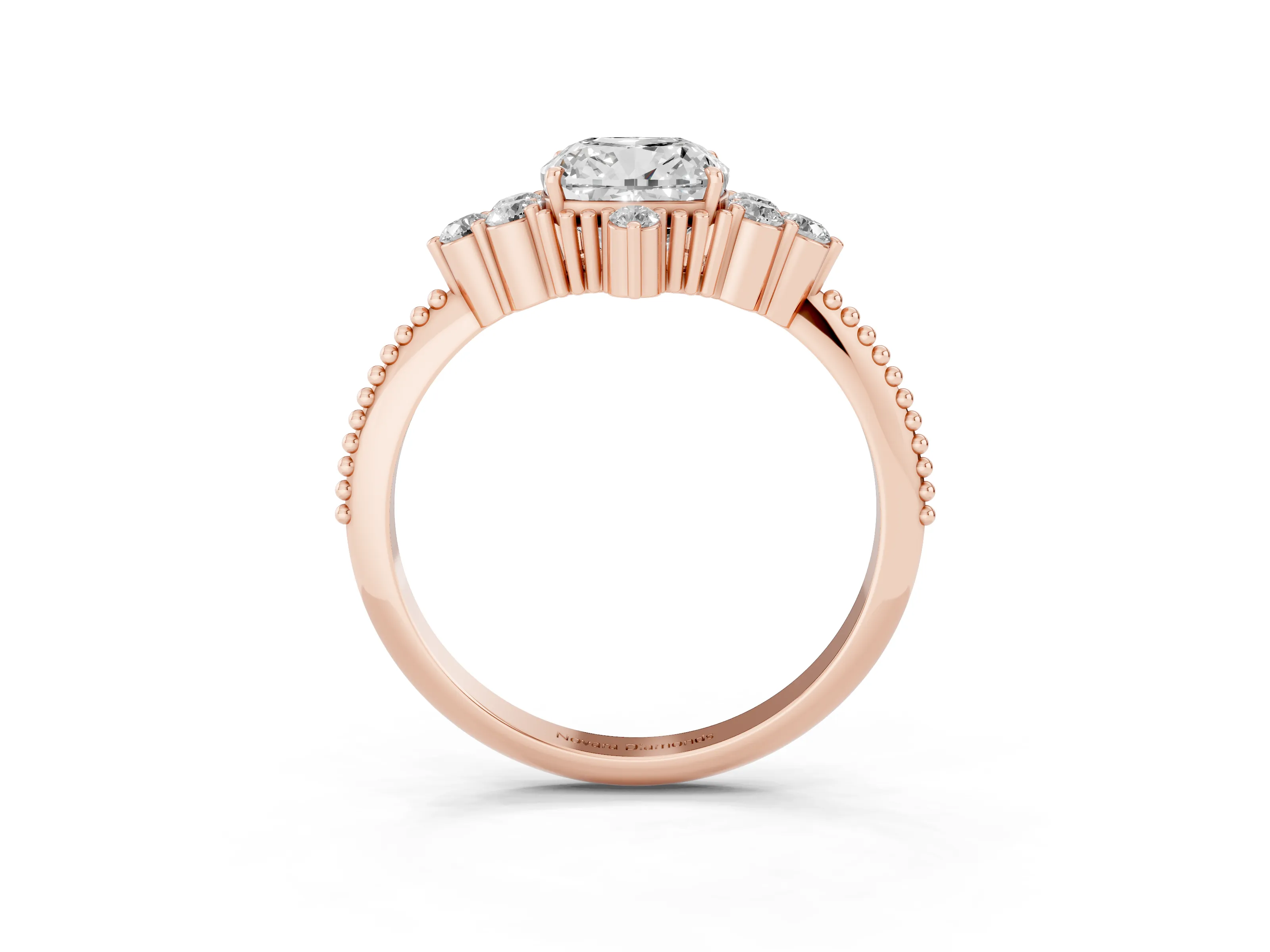 Cushion Cut Diamond Cluster Ring Set in Rose gold with Beaded Band