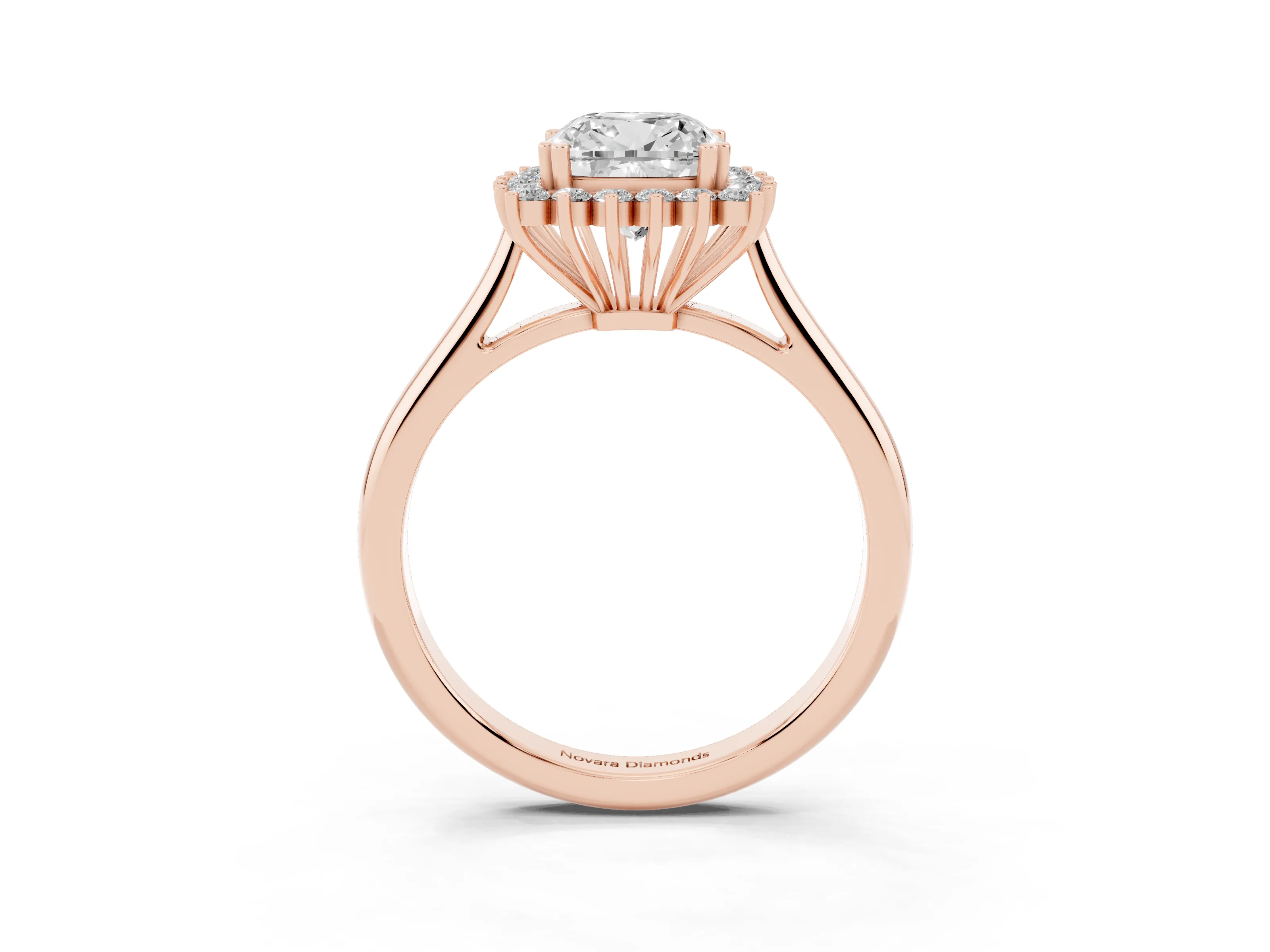 Cushion Cut Diamond Halo Ring Set in Rose gold with Plain Solitaire Band and Prong Setting