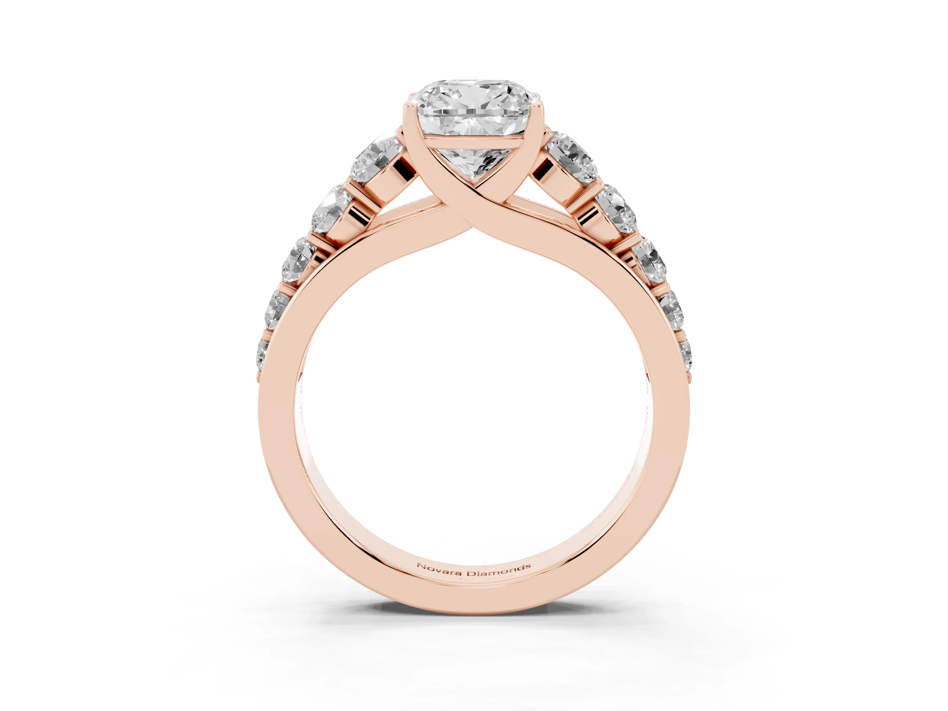 Cushion Cut Diamond Solitaire Ring Set in Rose gold with Pavé-Set Band and Prong Setting