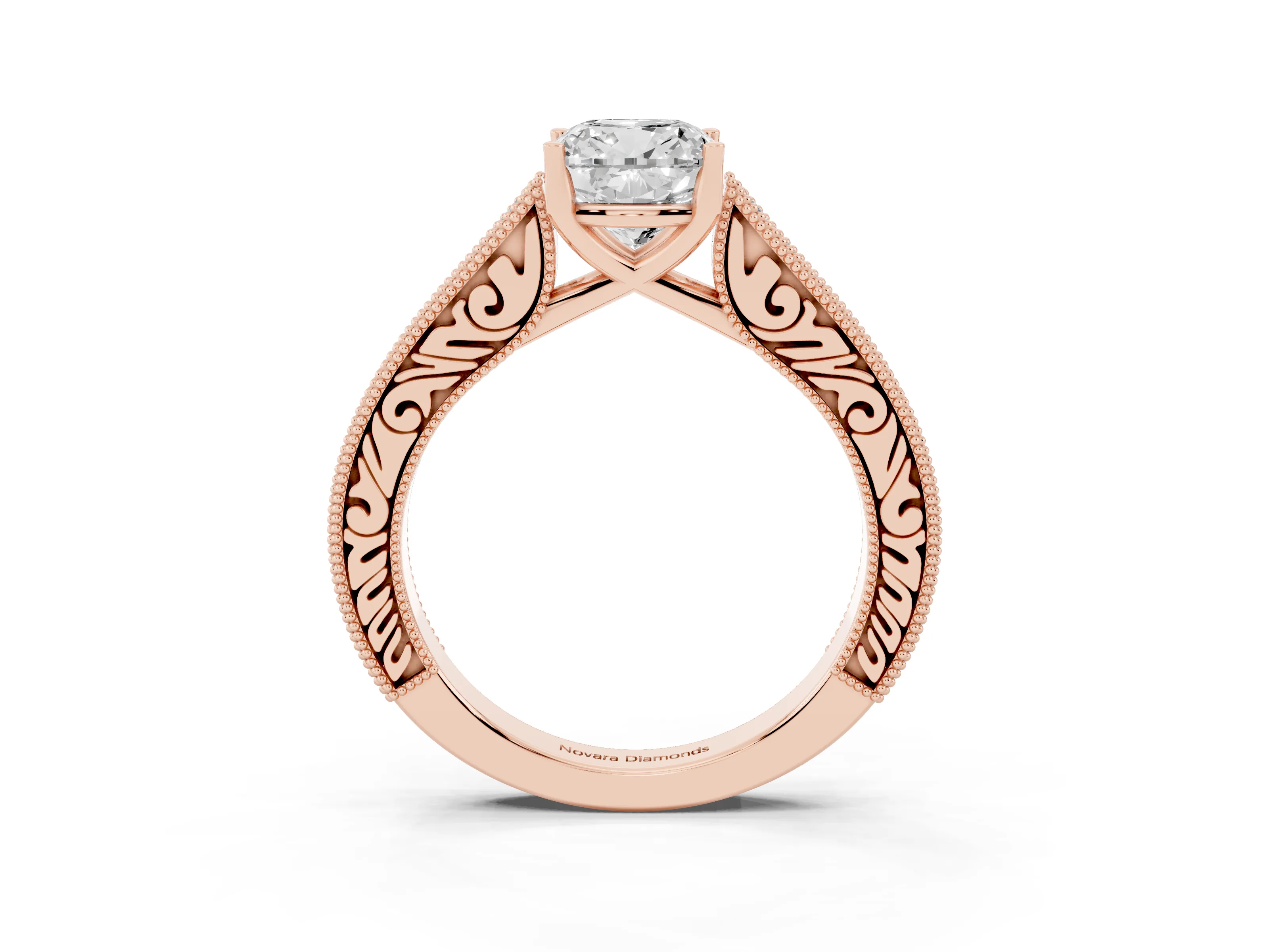 Cushion Cut Diamond Milgrain Pavé Band Solitaire Ring Set in Rose gold with Prong Setting