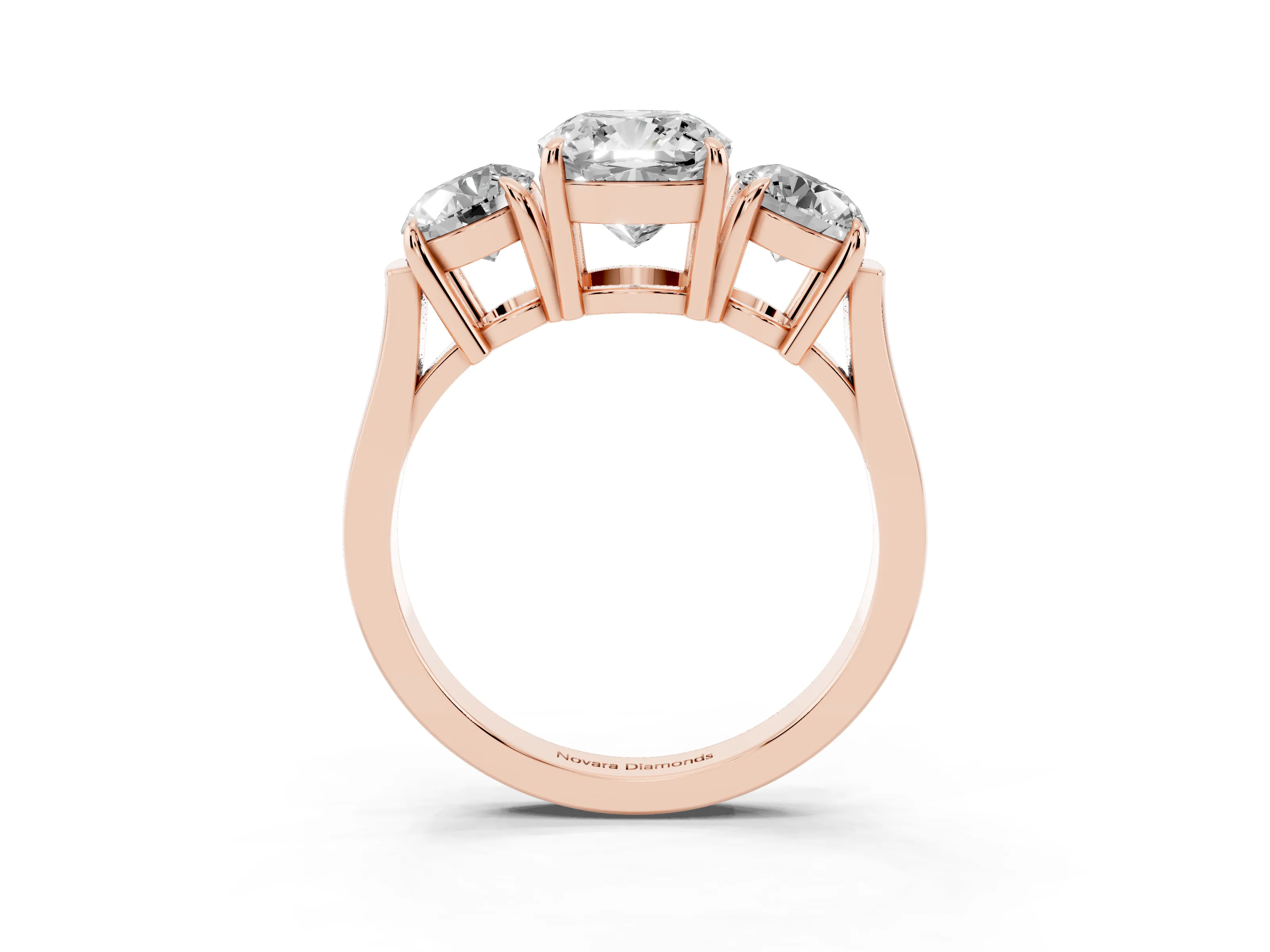 Cushion Cut Diamond Three-Stone Ring Set in Rose gold with Round Accent Stones and Plain Band