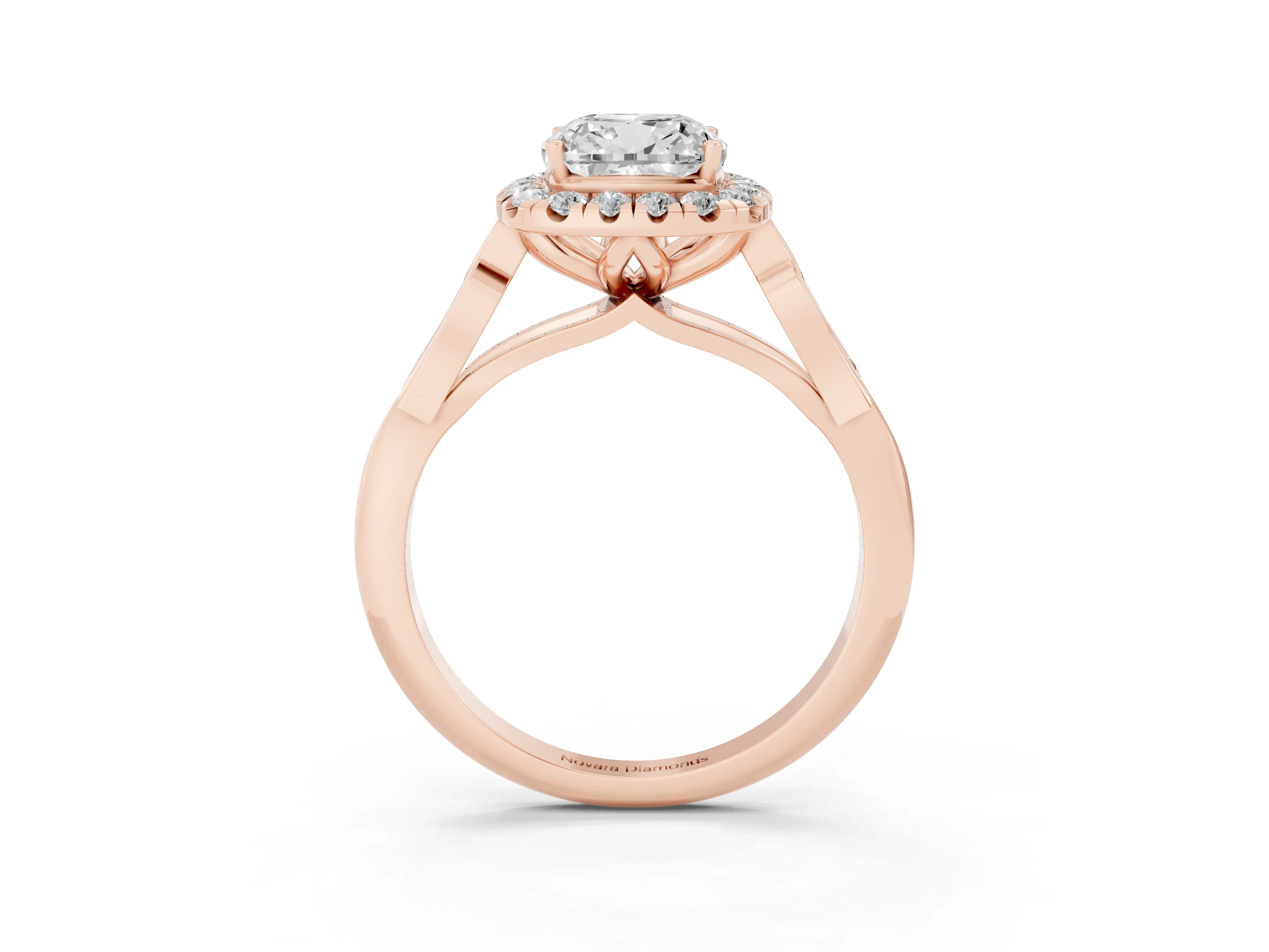Cushion Cut Diamond Halo Engagement Ring Set in Rose gold with Filigree Band and Prong-Set Center