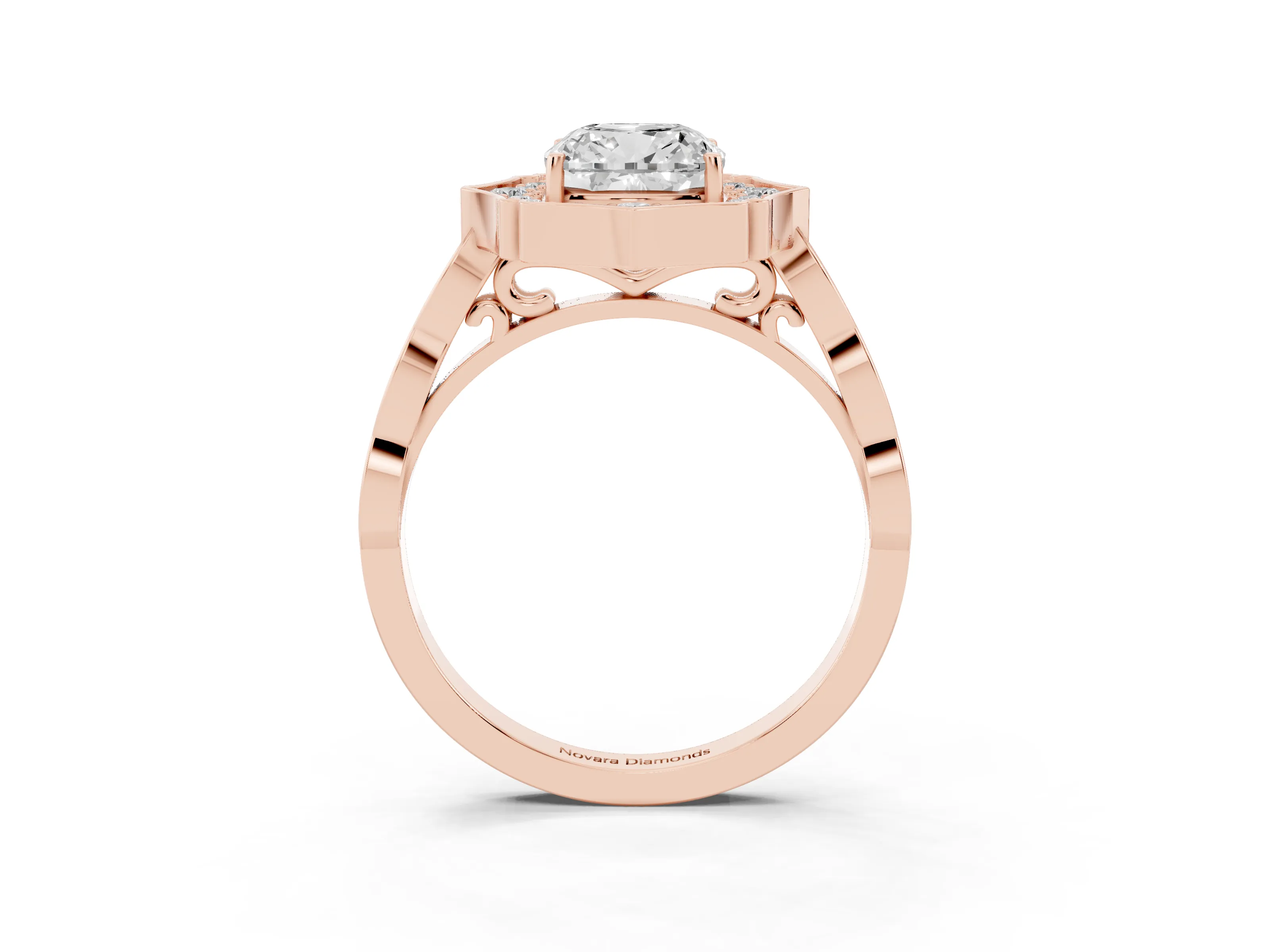 Cushion Cut Diamond Halo Engagement Ring Set in Rose gold with Milgrain Band and Prong Setting