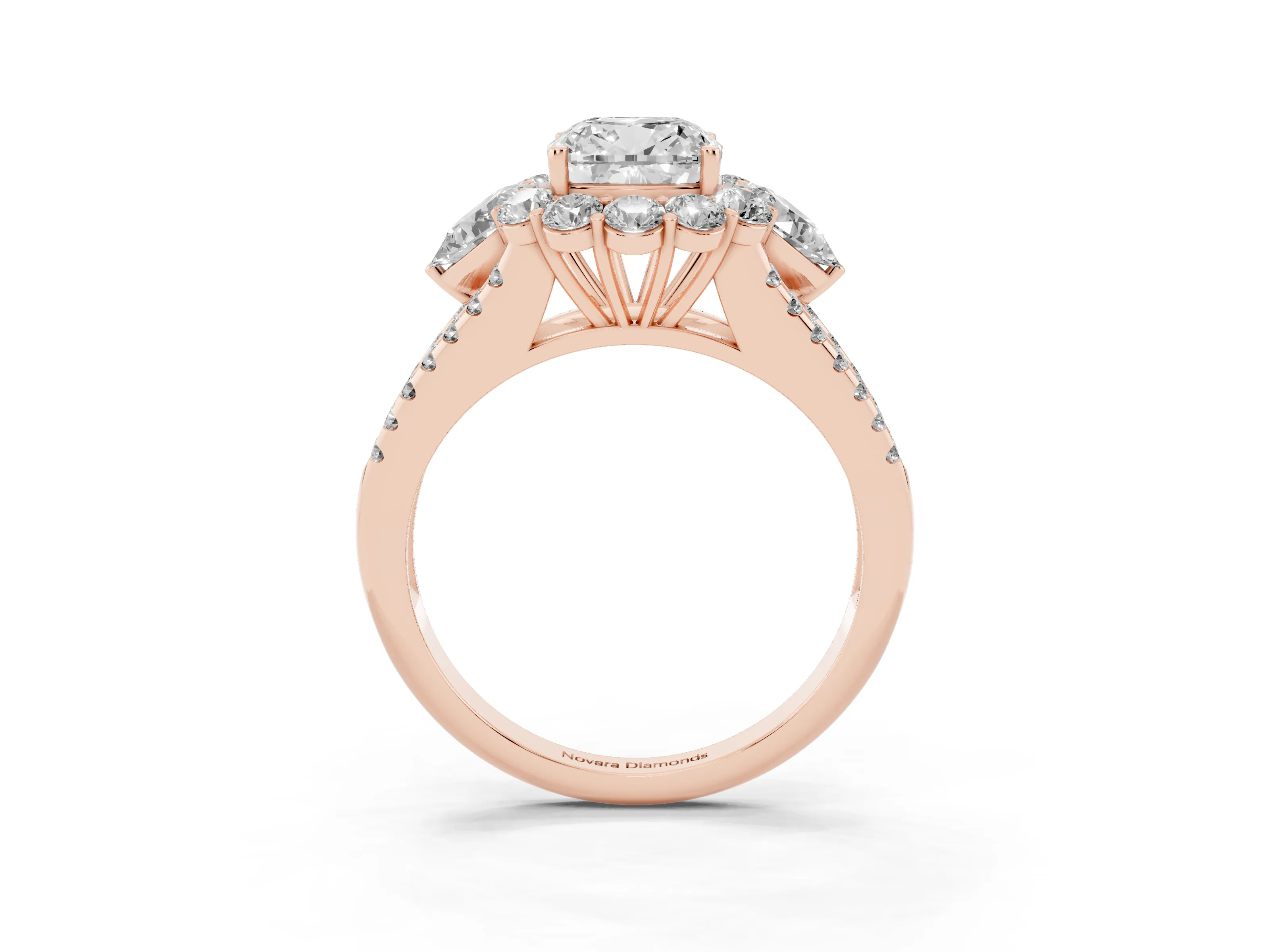 Cushion Cut Diamond Halo Split Shank Engagement Ring Set in Rose gold with Prong-Held Center Stone