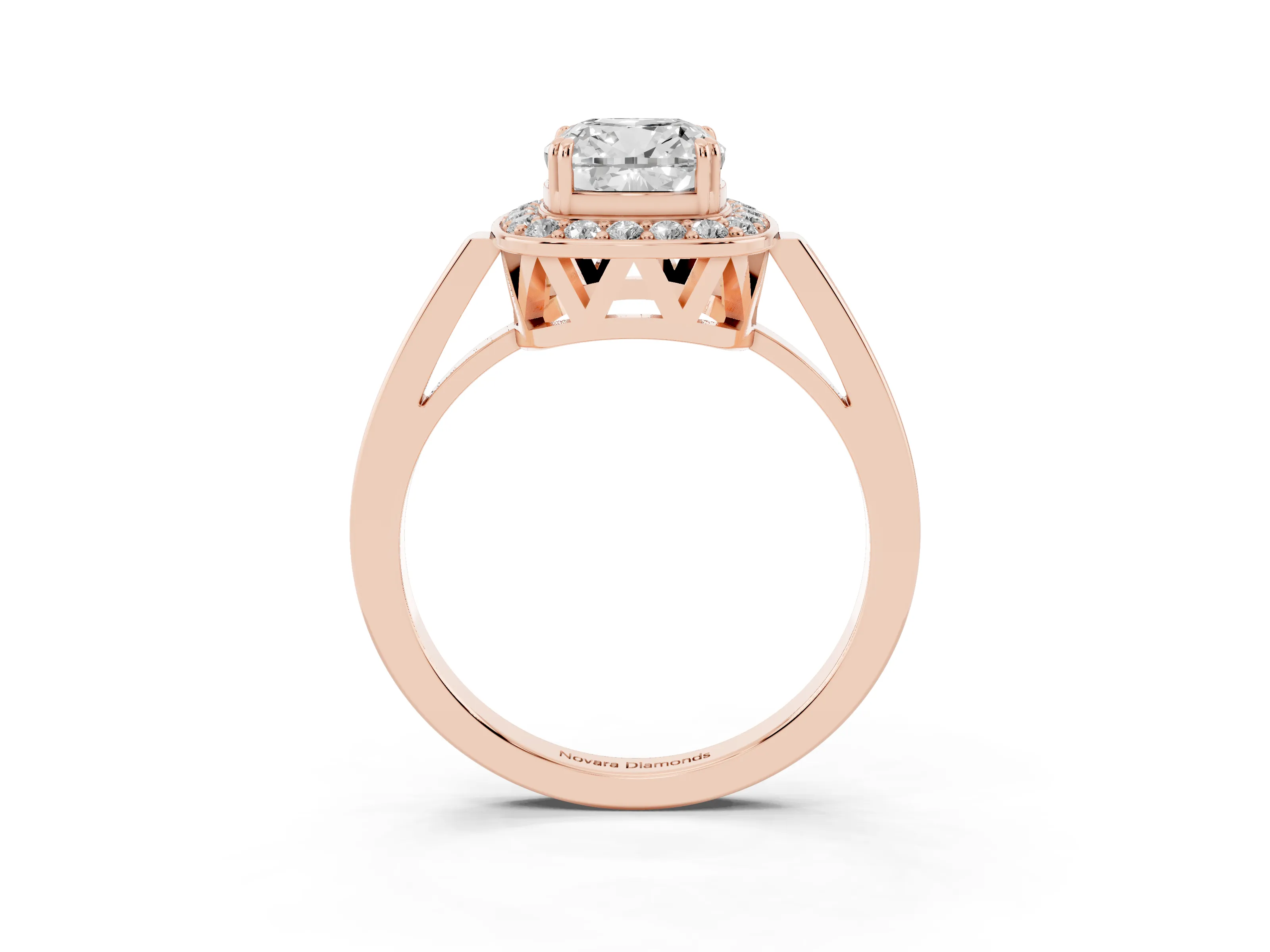 Cushion Cut Diamond Halo Ring Set in Rose gold with Accent-Lined Split Shank and Prong Setting