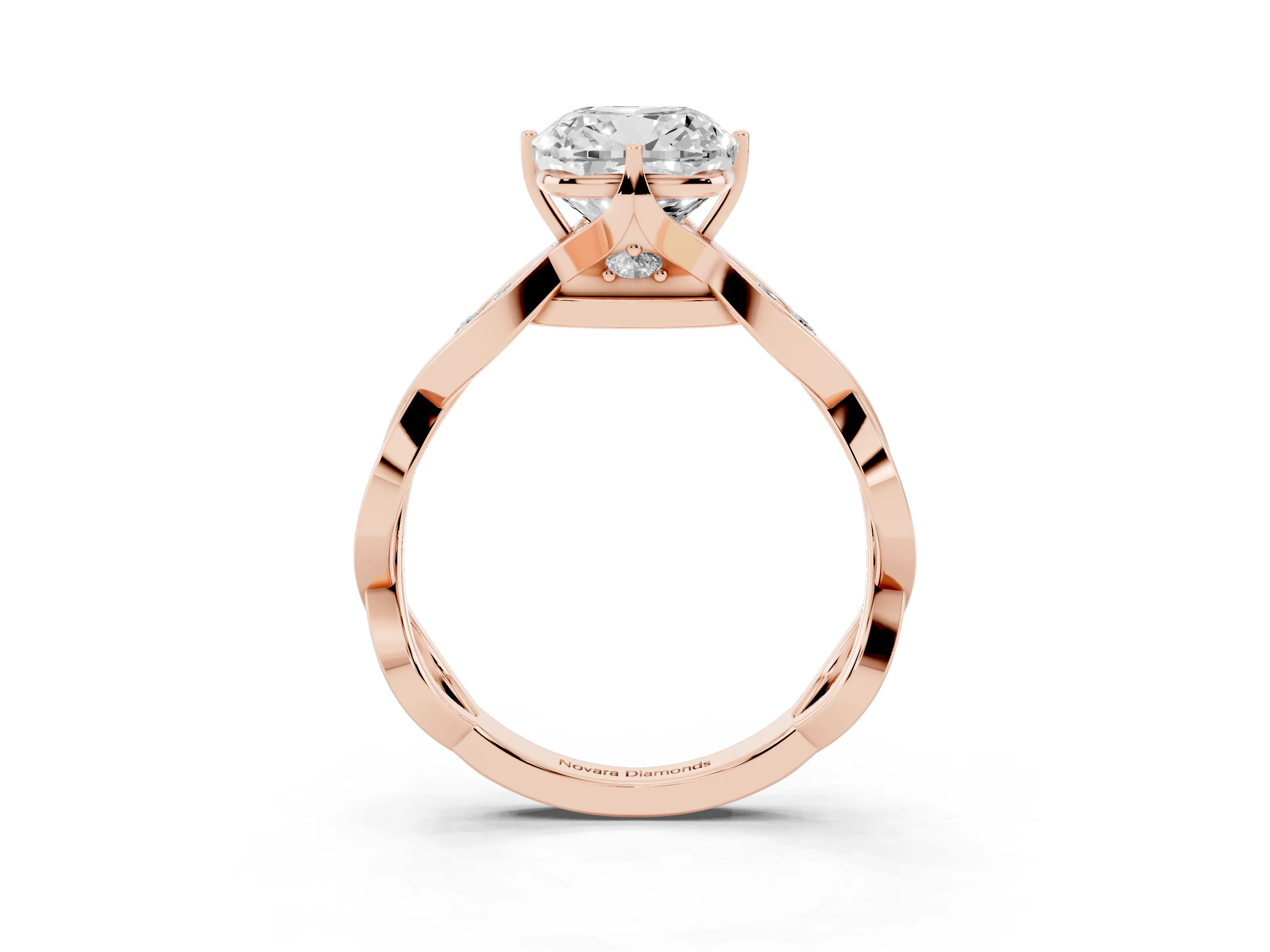 Cushion Cut Diamond Twist Band Solitaire Ring Set in Rose gold with Leaf Prong Setting and Accent Stones
