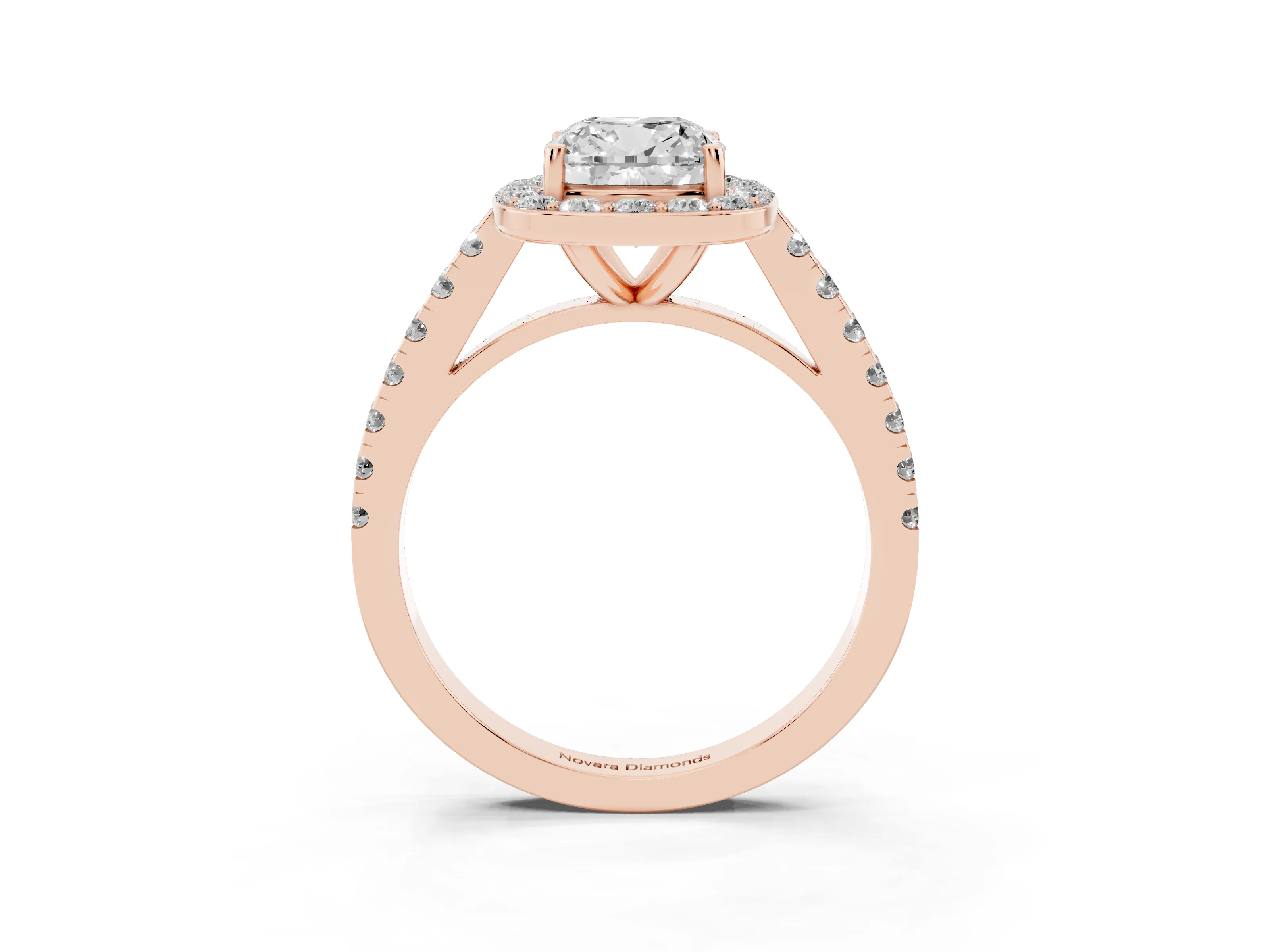 Cushion Cut Diamond Halo Ring Set in Rose gold with Round Pavé Split Shank and Prong Setting