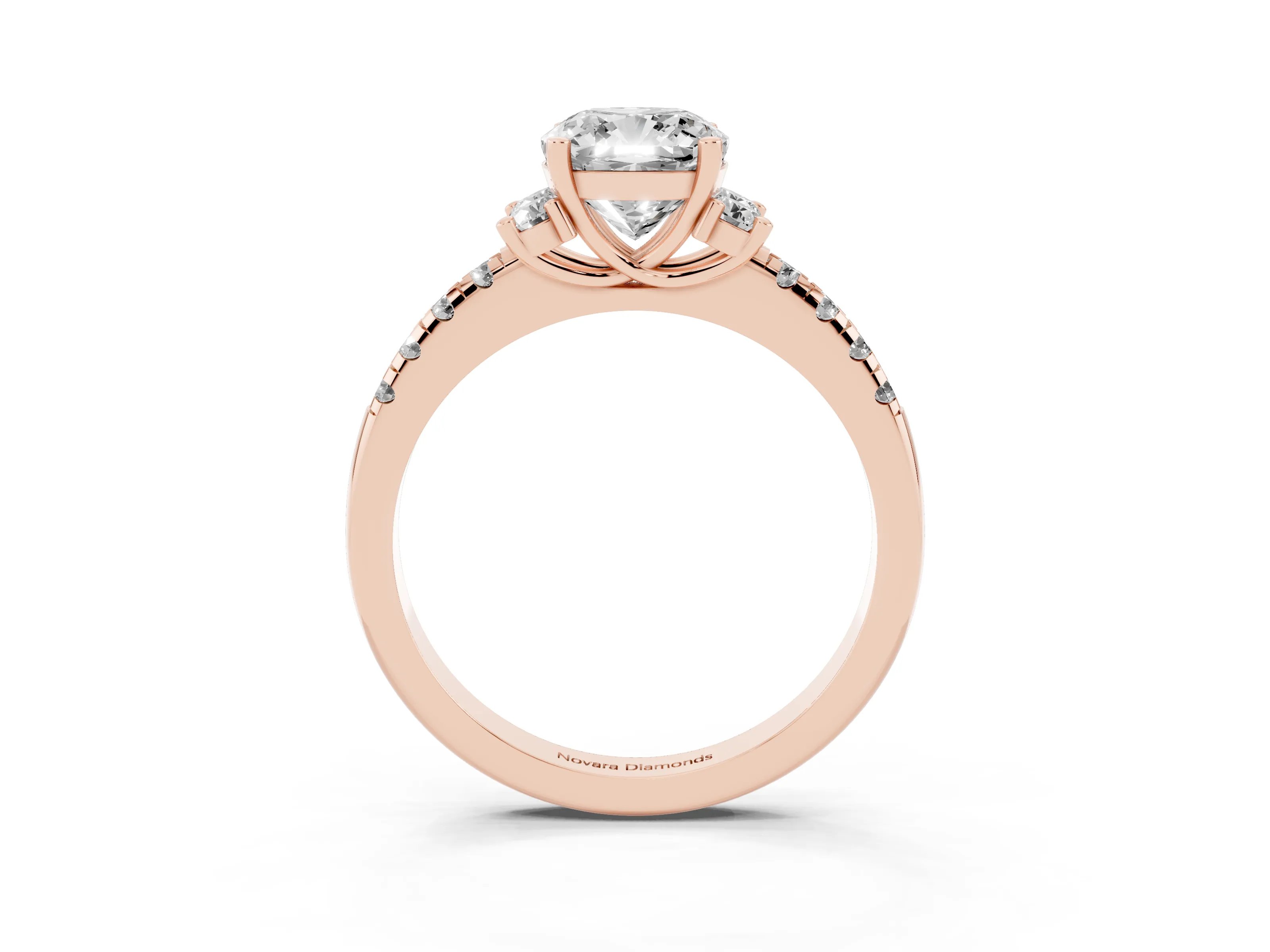 Cushion Cut Diamond Three-Stone Pavé Ring Set in Rose gold with Prong Setting