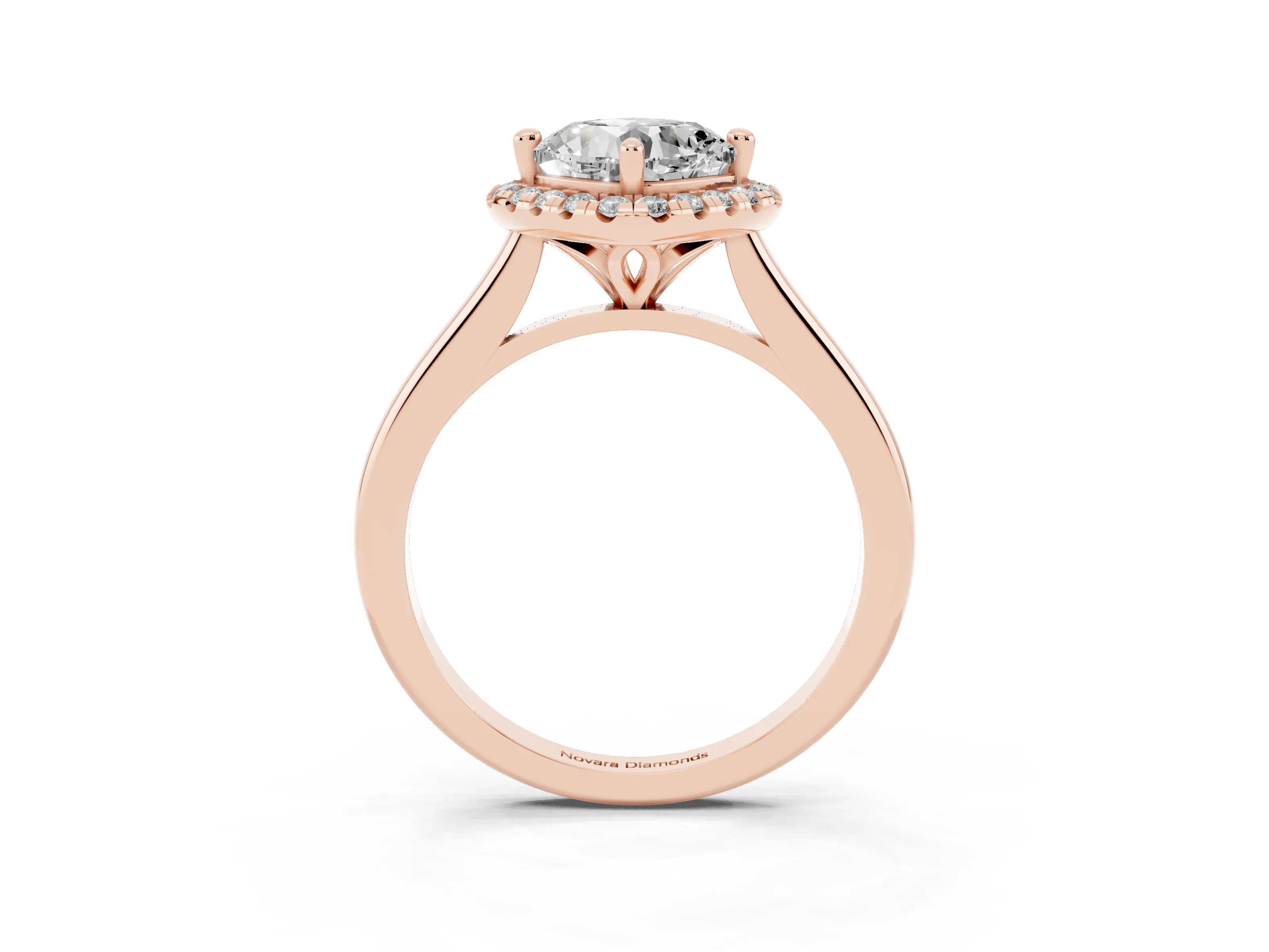 Cushion Cut Diamond Halo Engagement Ring Set in Rose gold with Pavé Band and Rising Shoulders