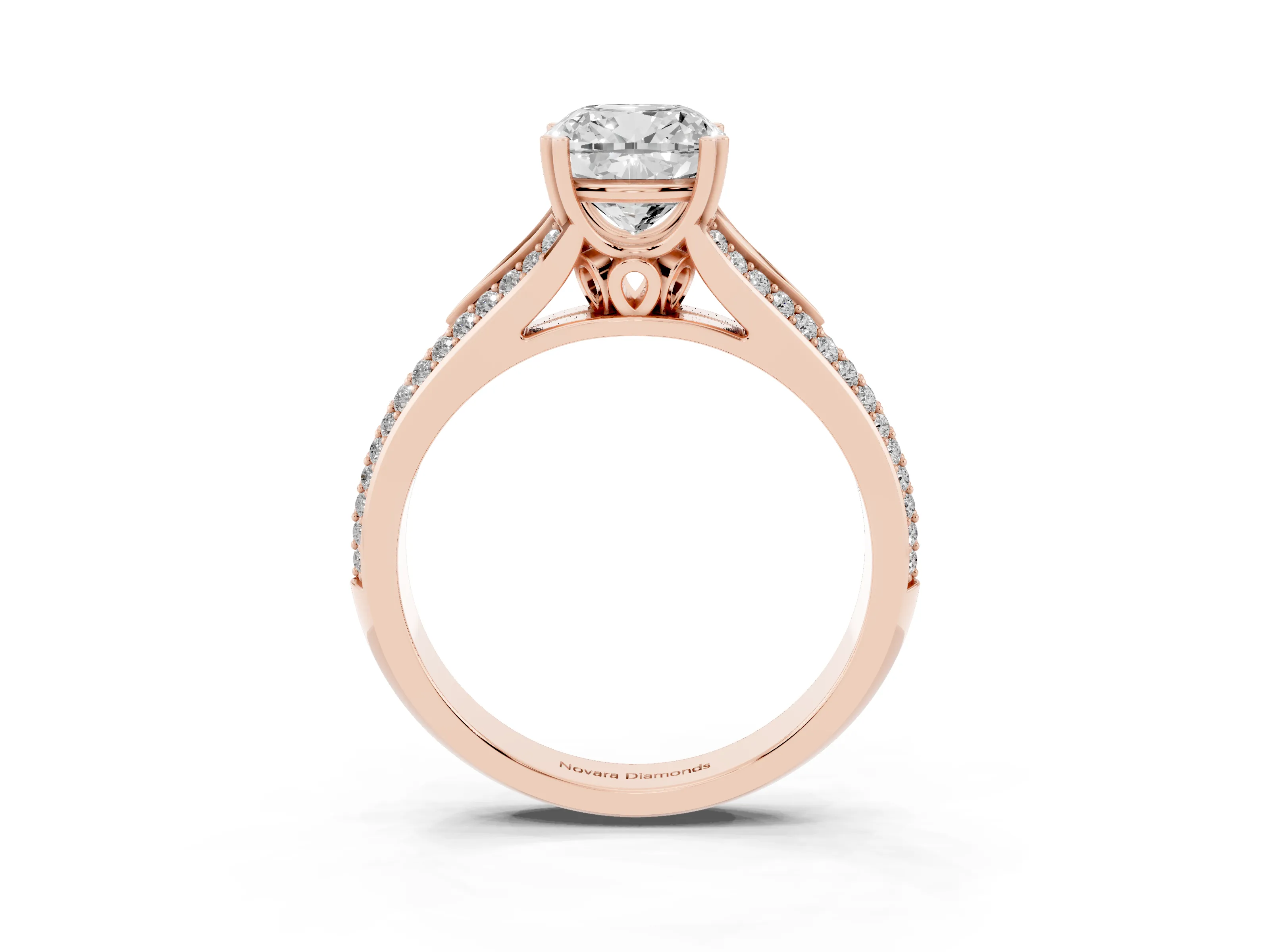 Cushion Cut Diamond Split Shank Pavé Engagement Ring Set in Rose gold with Prong-Set Center Stone