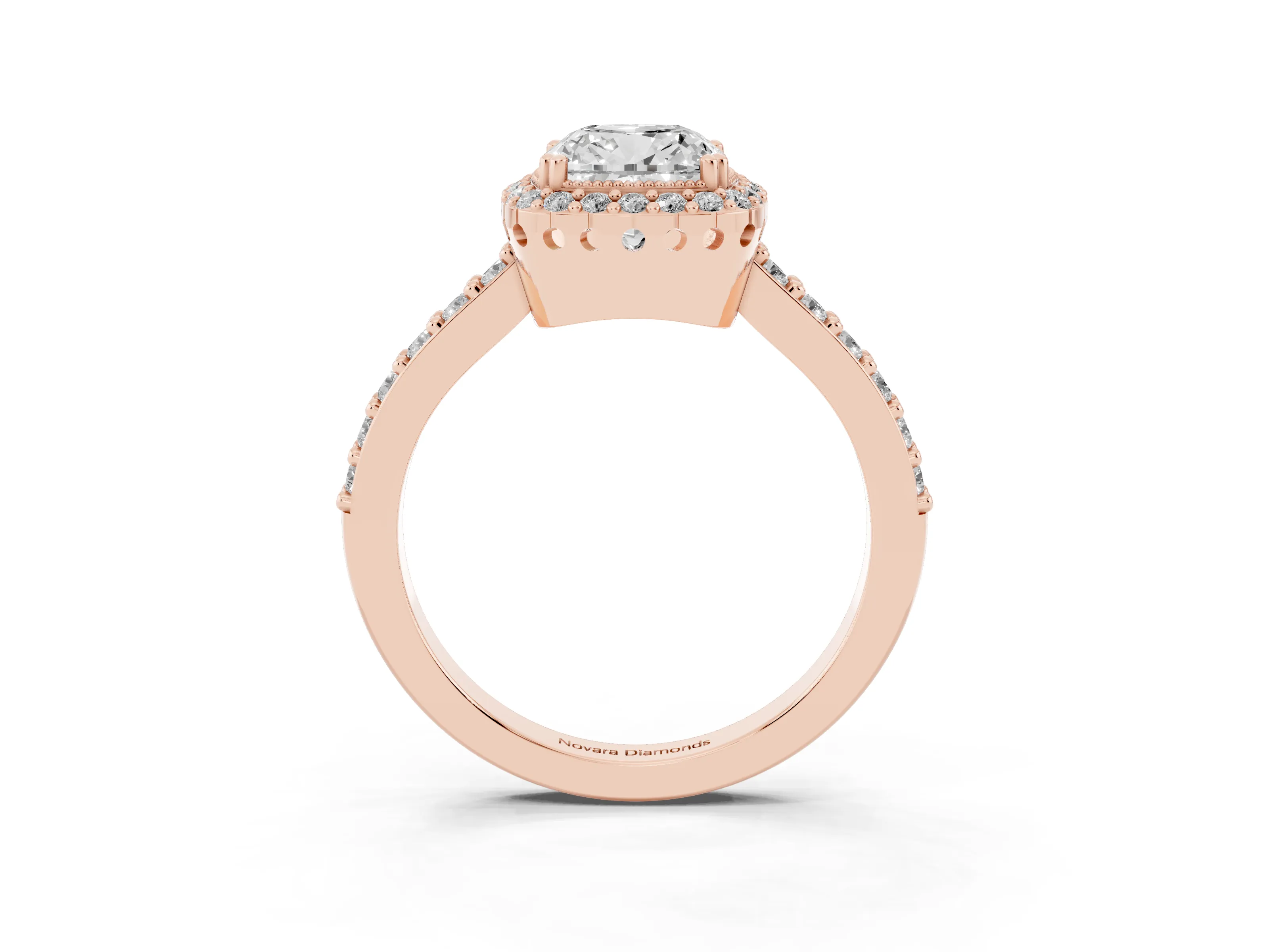 Cushion Cut Diamond Halo Engagement Ring Set in Rose gold with Milgrain Detail and Pavé Band
