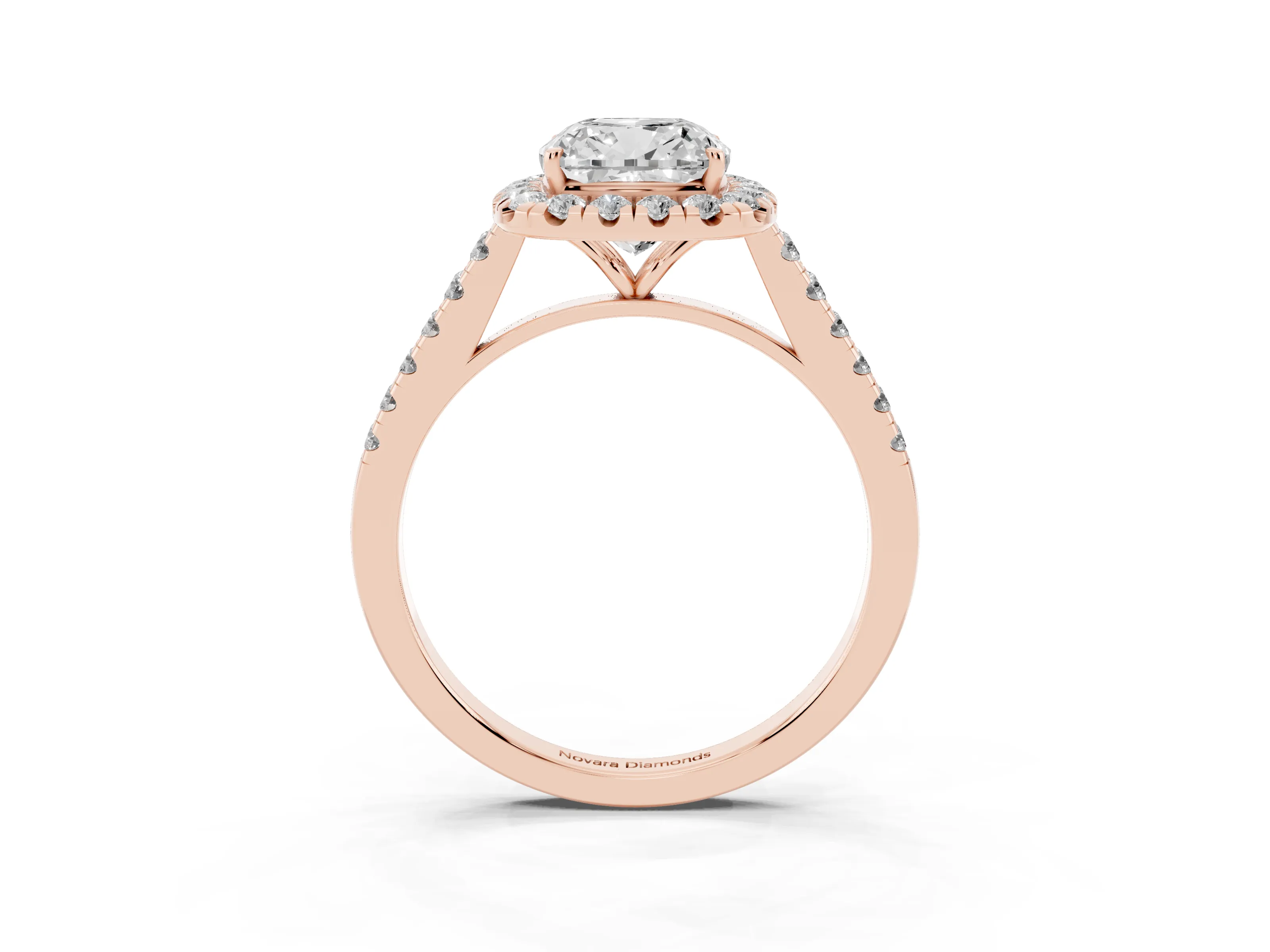 Cushion Cut Diamond Halo Pavé Engagement Ring Set in Rose gold with Prong Setting
