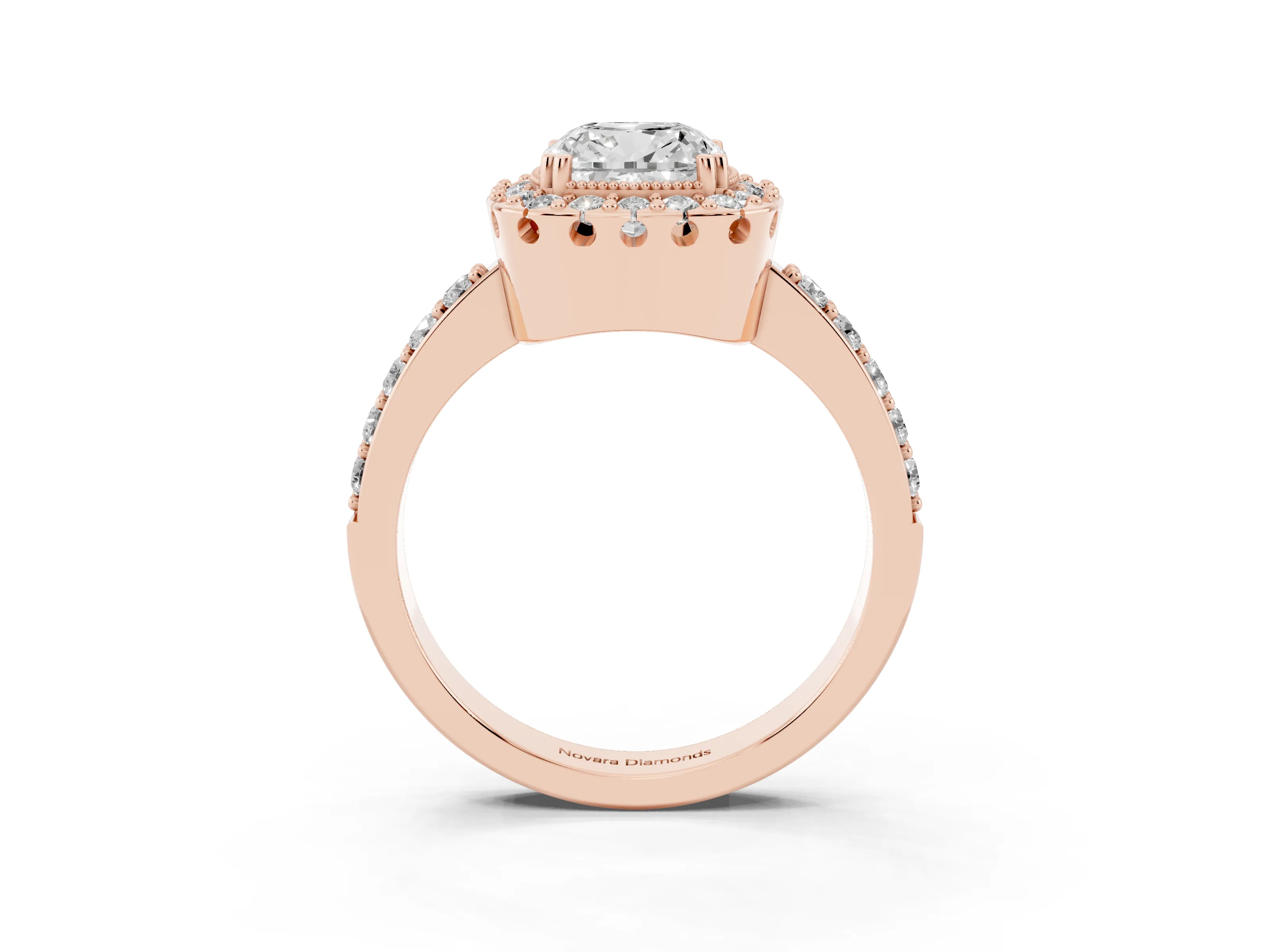 Cushion Cut Diamond Halo Ring Set in Rose gold with Pavé Shank and Prong Setting