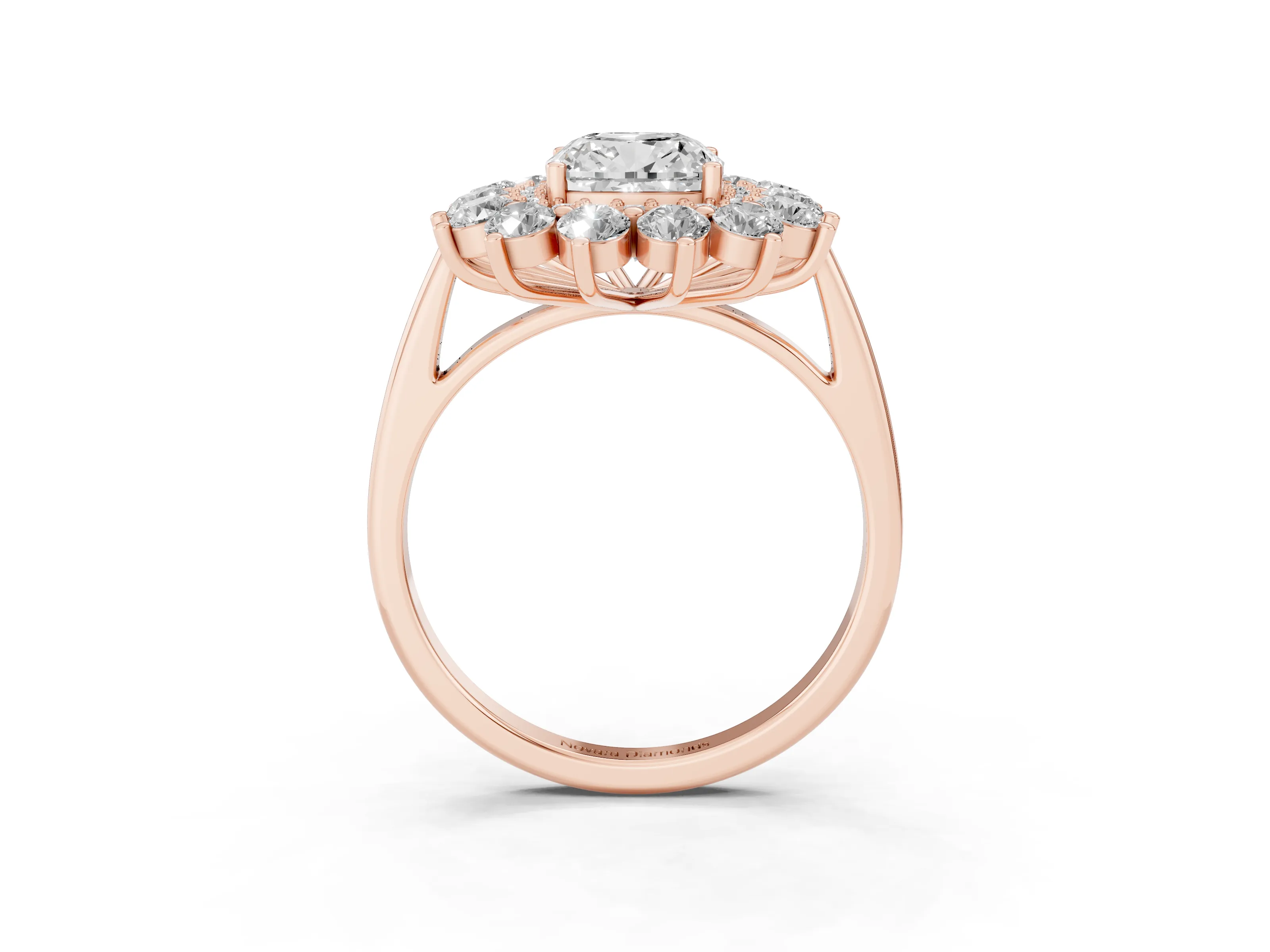 Cushion Cut Diamond Floral Double Halo Ring Set in Rose gold with Round Petals