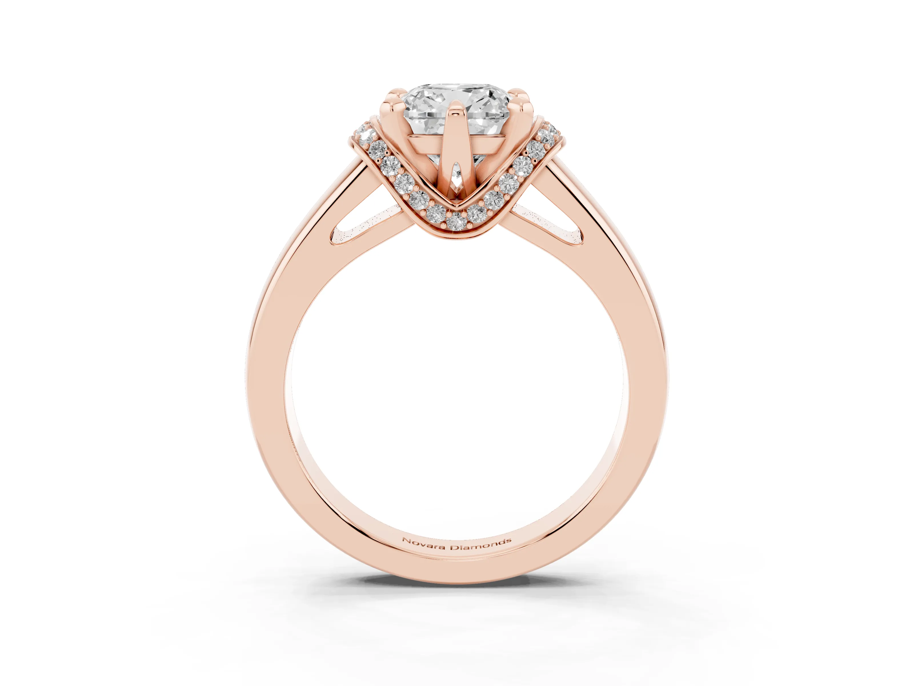 Cushion Cut Diamond Pavé Band Solitaire Ring Set in Rose gold with Prong Setting