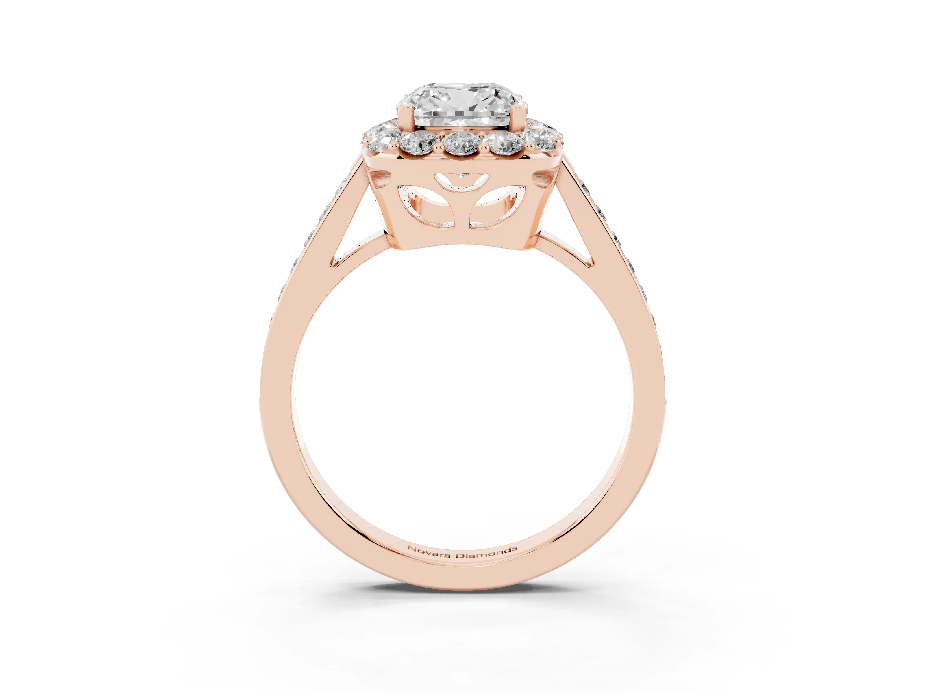Cushion Cut Diamond Floral Halo Ring Set in Rose gold with Pavé Band and Prong Setting