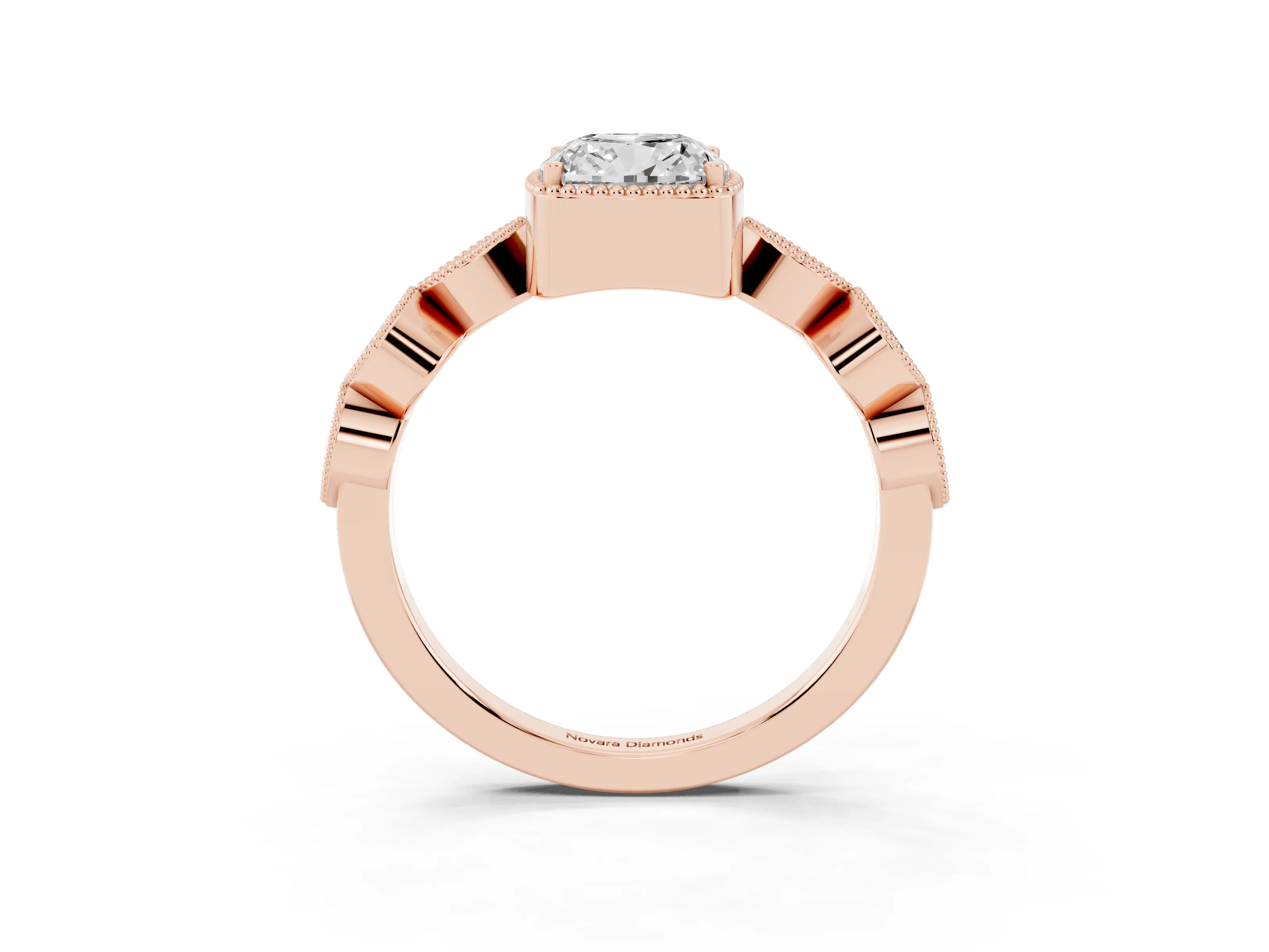 Cushion Cut Diamond Vintage-Inspired Milgrain Ring Set in Rose gold with Marquise Stations of Round Accents