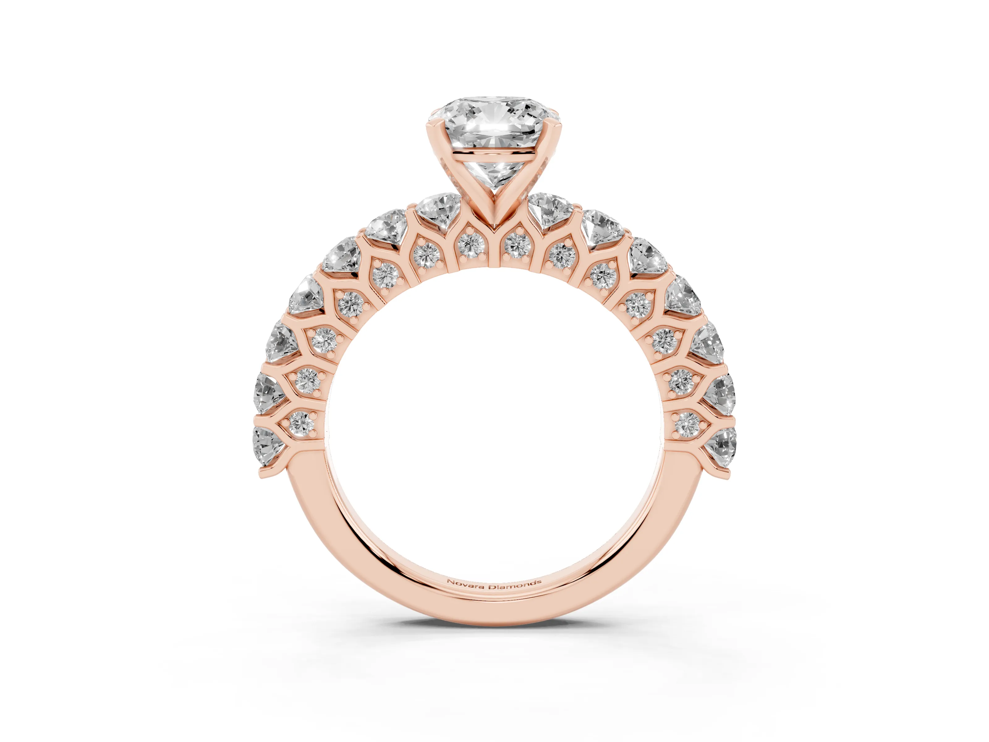 Cushion Cut Diamond Solitaire Ring Set in Rose gold with Shared Prong Pavé Band