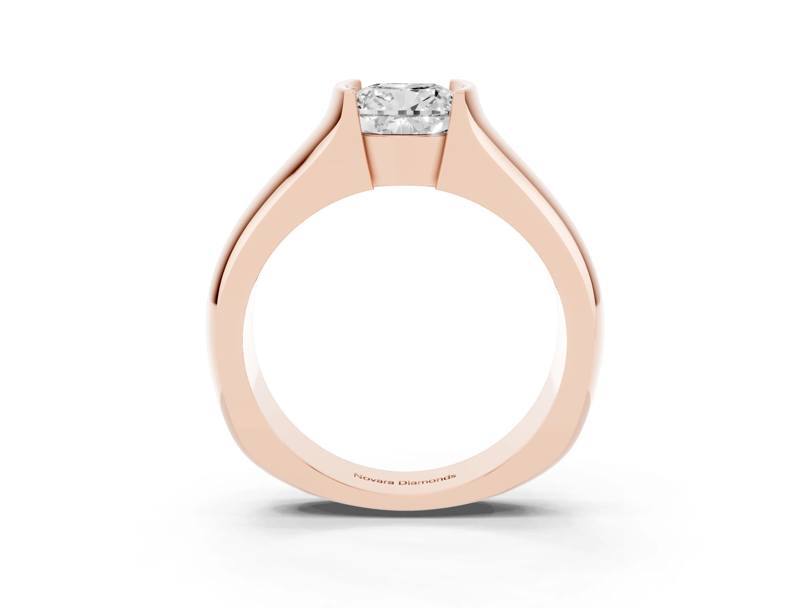 Cushion Cut Diamond Bezel Solitaire Ring Set in Rose gold with Wide Band