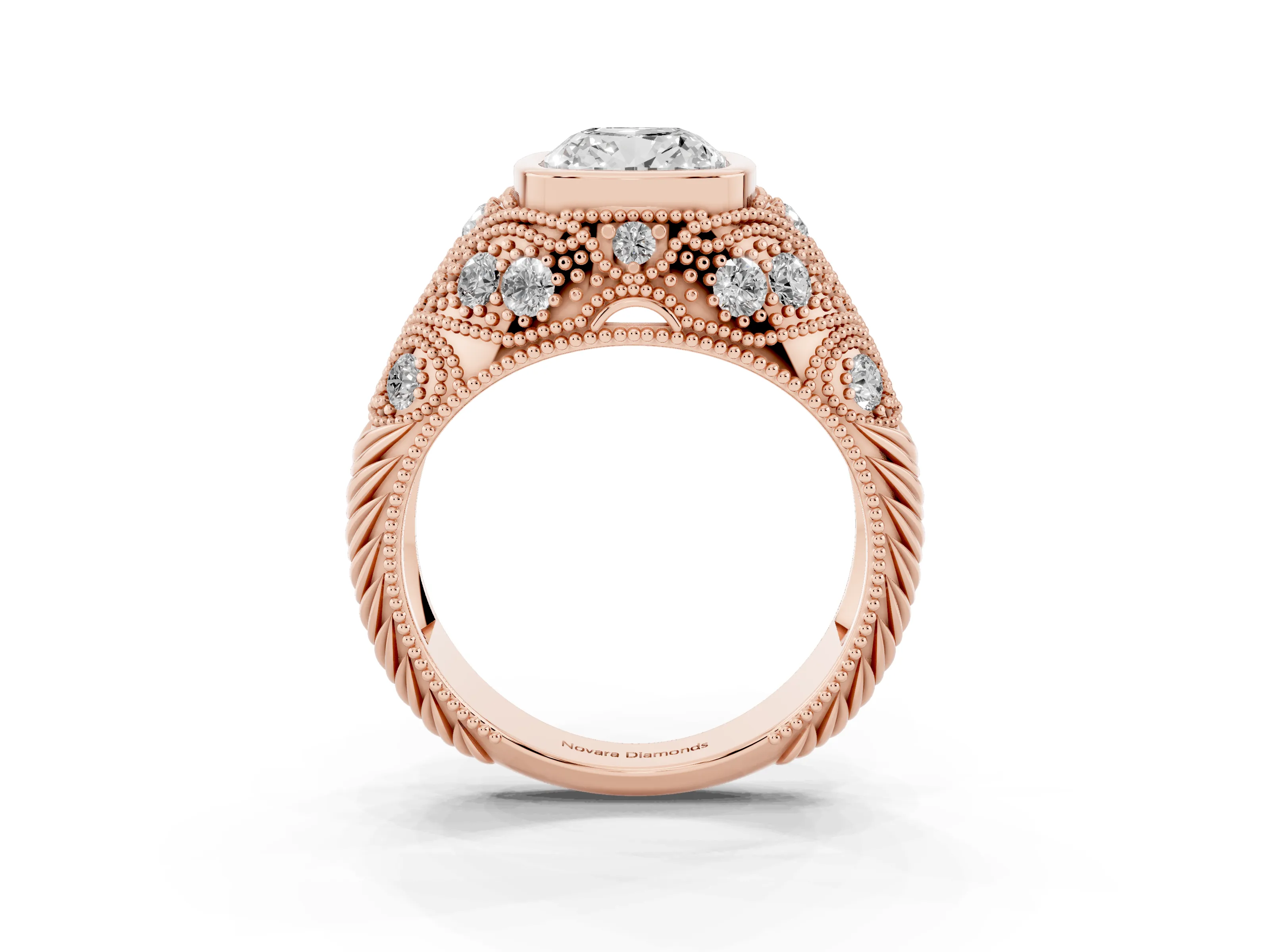 Cushion Cut Diamond Bezel Ring Set in Rose gold with Milgrain Accent Band