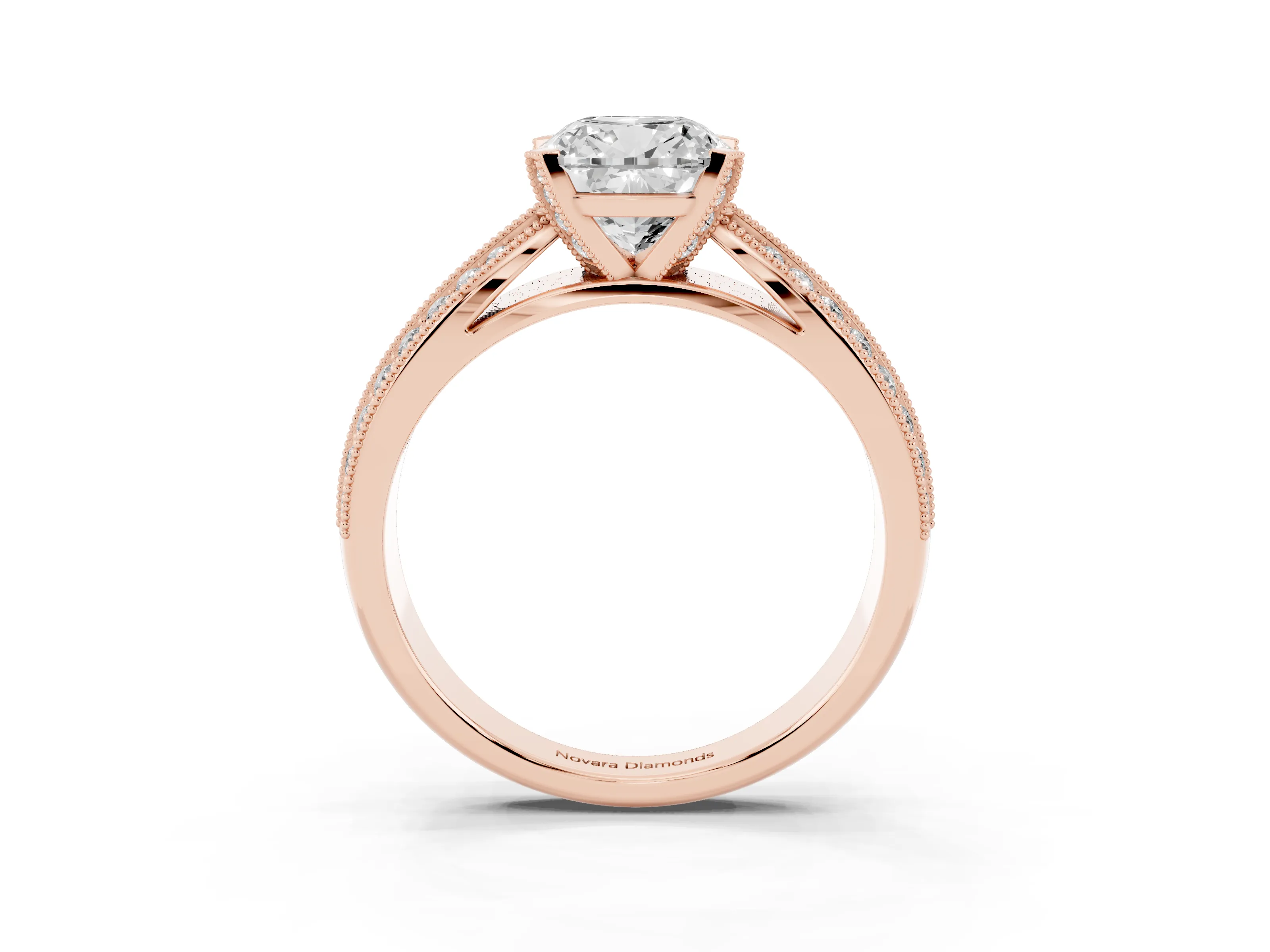 Cushion Cut Diamond Solitaire Ring Set in Rose gold with Milgrain Double Row Round Pavé Band
