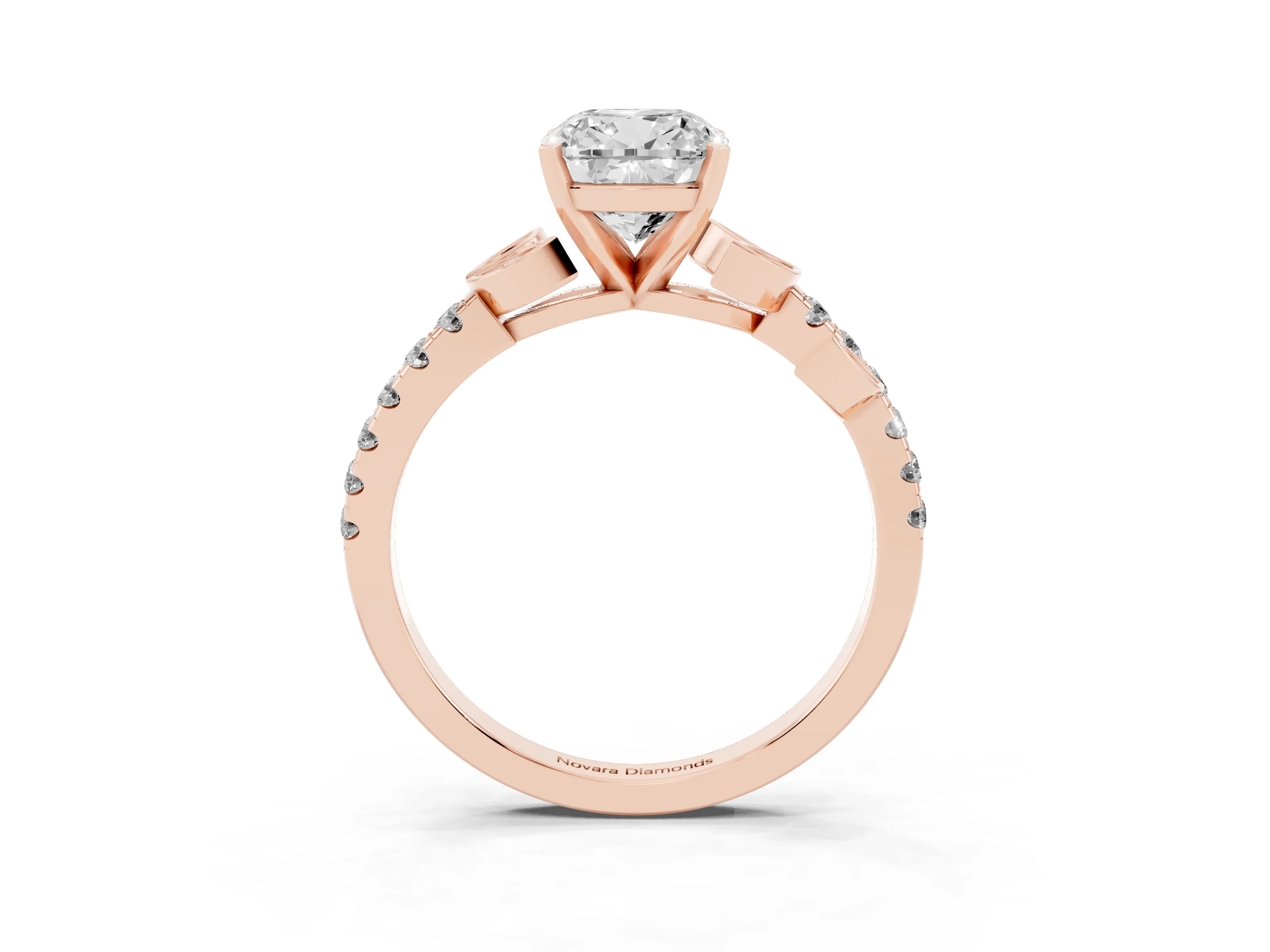 Cushion Cut Diamond Solitaire Leaf-Inspired Ring Set in Rose gold with Pavé Band and Prong Setting