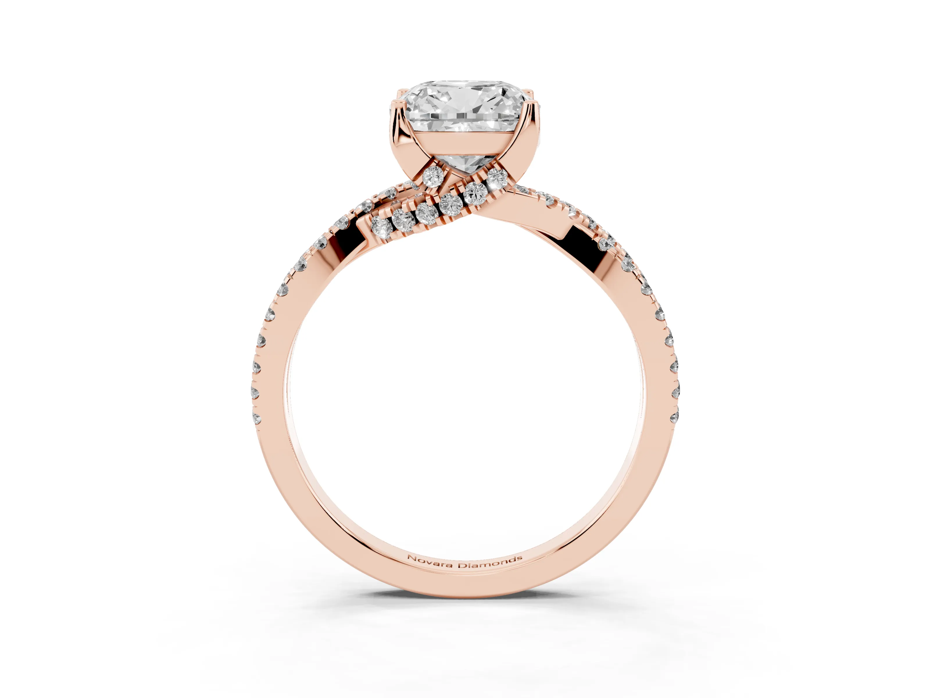Cushion Cut Diamond Twist Pavé Solitaire Engagement Ring Set in Rose gold with Prong Setting