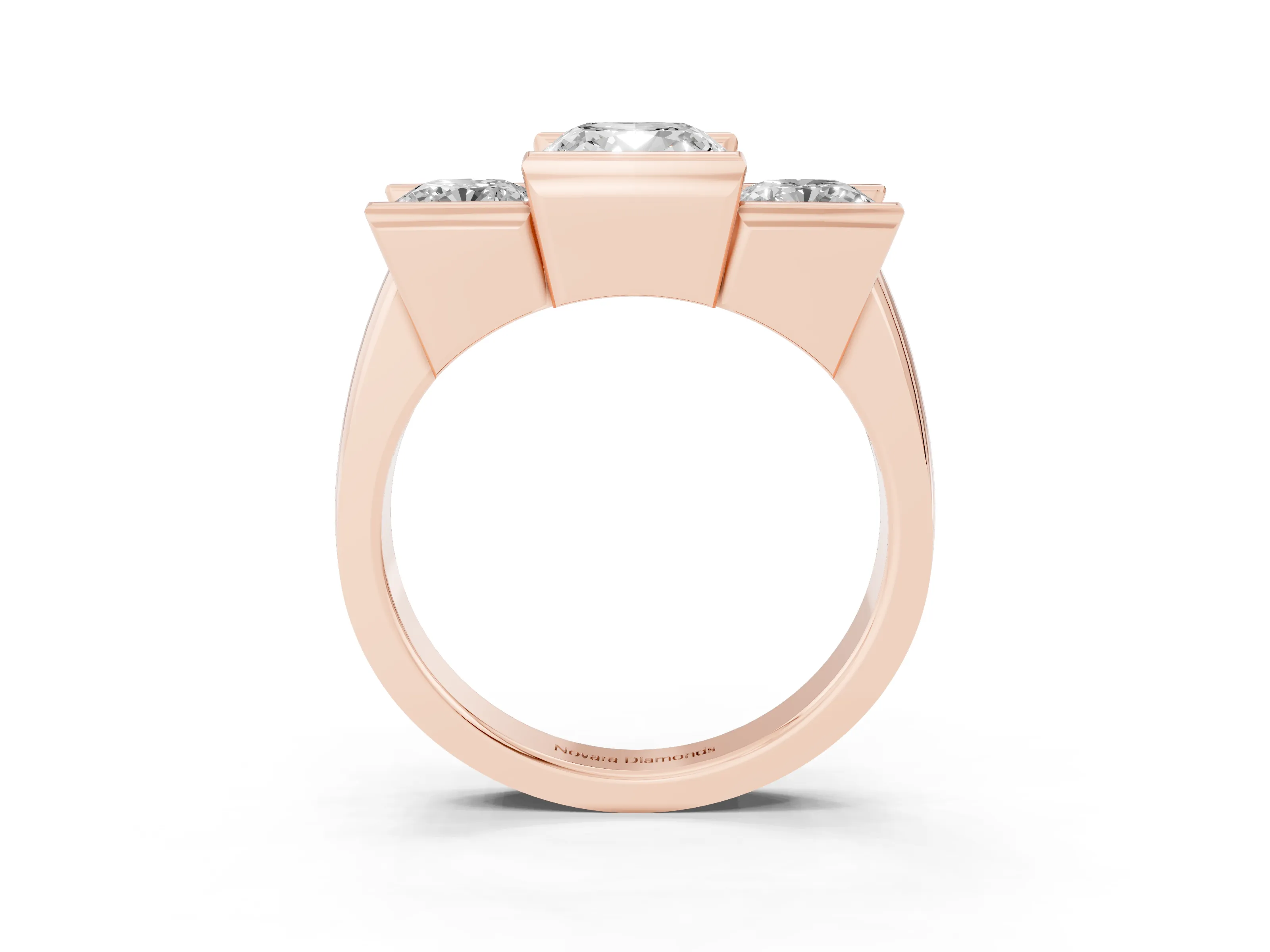 Cushion Cut Diamond Three-Stone Channel Set Ring Set in Rose gold with Smooth Polished Band